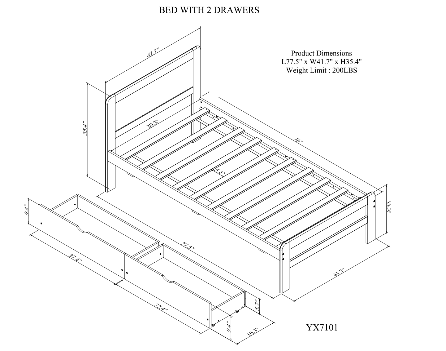 Modern Design Twin Size Platform Bed Frame with 2 Drawers for Walnut Color