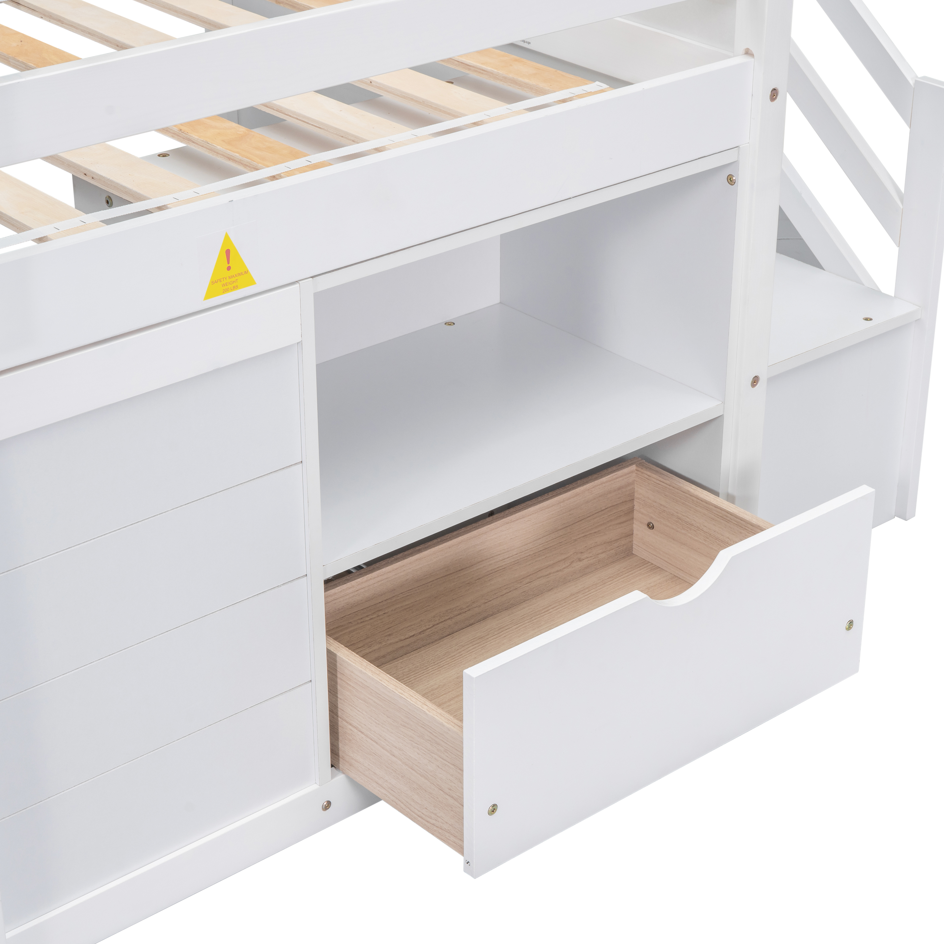 TWIN BED, SOLID WOOD TWIN SIZE LOW LOFT BED WITH STAIR, DRAWER, AND SHELF OF WHITE COLOR