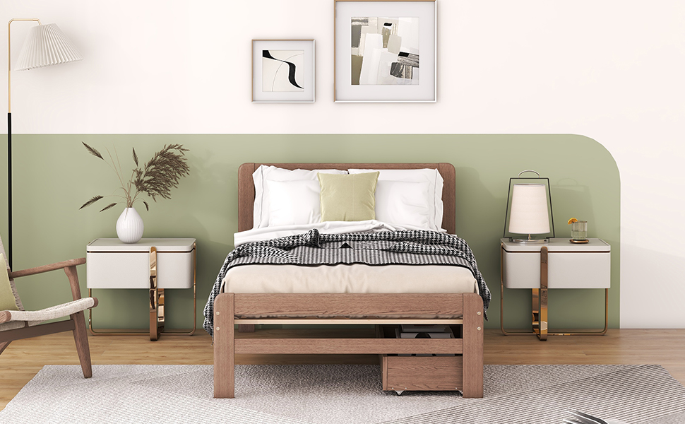 Modern Design Twin Size Platform Bed Frame with 2 Drawers for Walnut Color