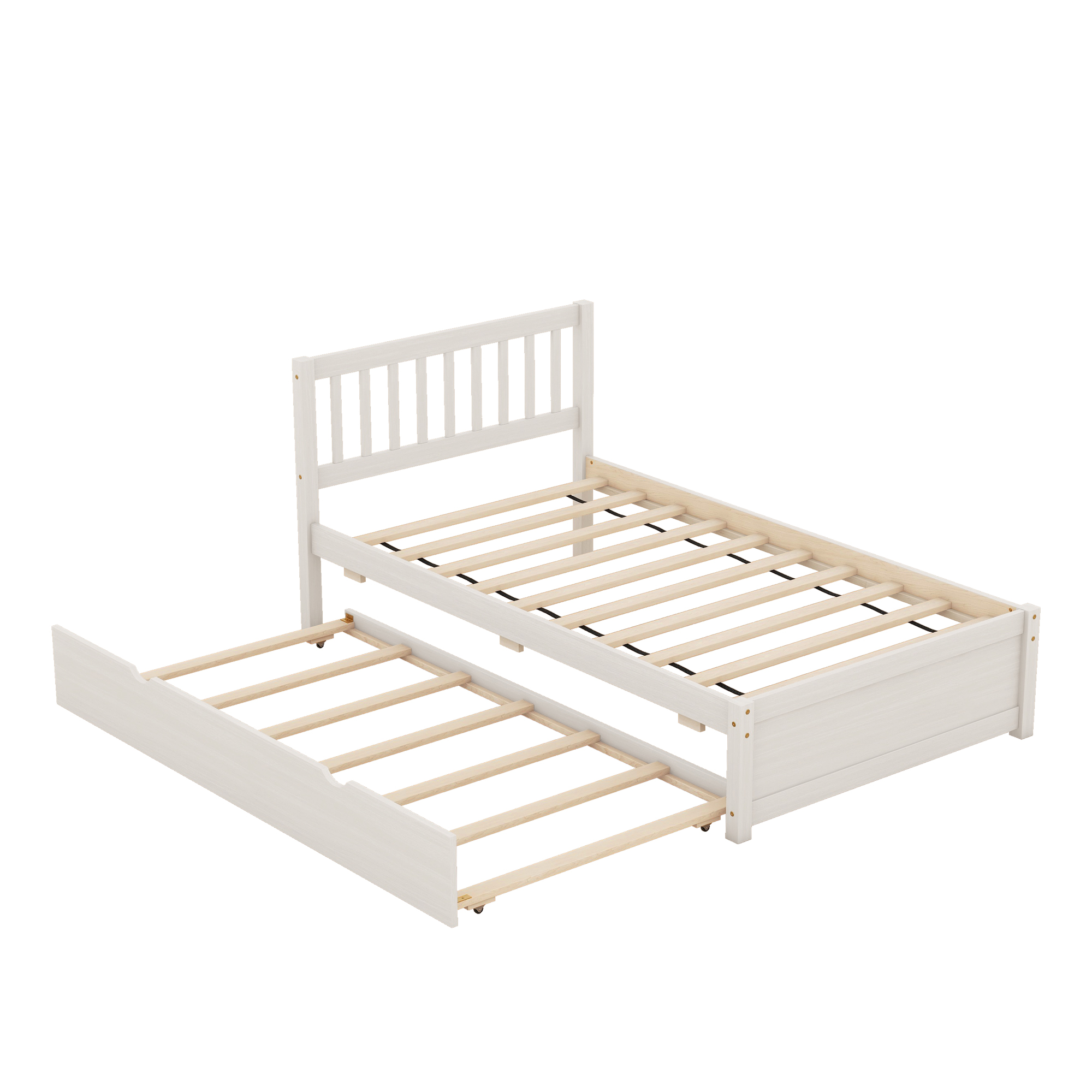 Wooden Twin Size Platform Bed Frame with Trundle for White Washed Color