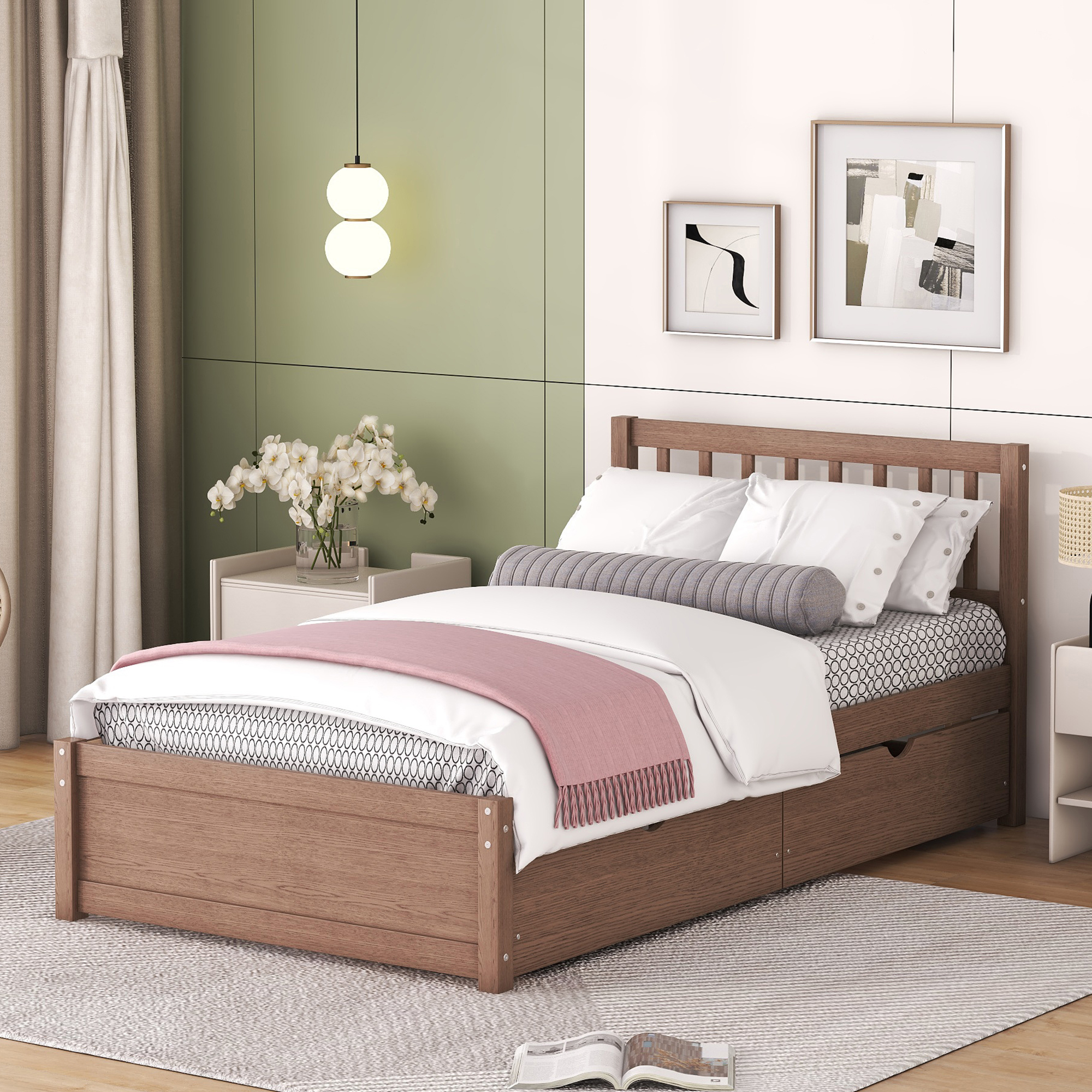 Modern Design Twin Size Platform Bed with 2 Drawers for Walnut Color