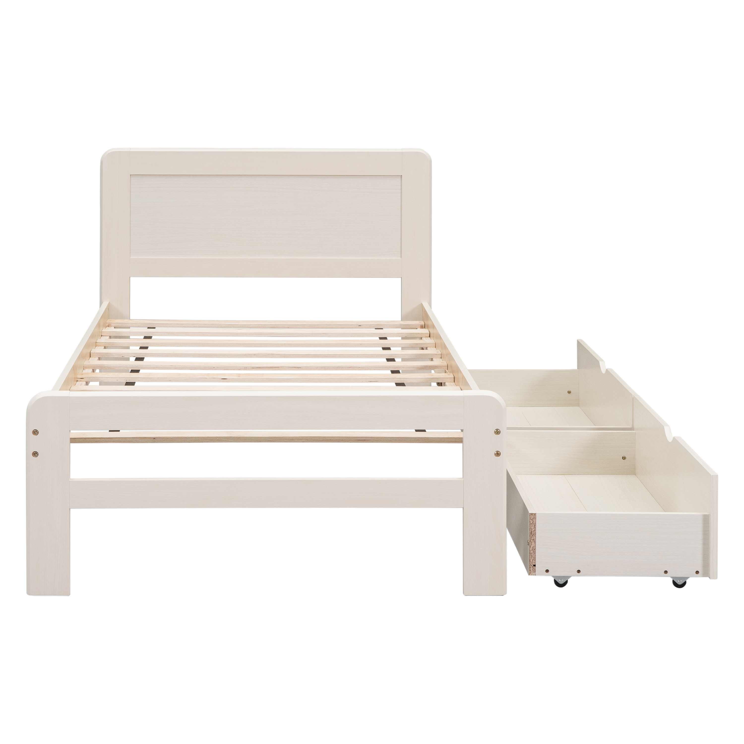 Modern Design Twin Size Platform Bed Frame with 2 Drawers for White Washed Color