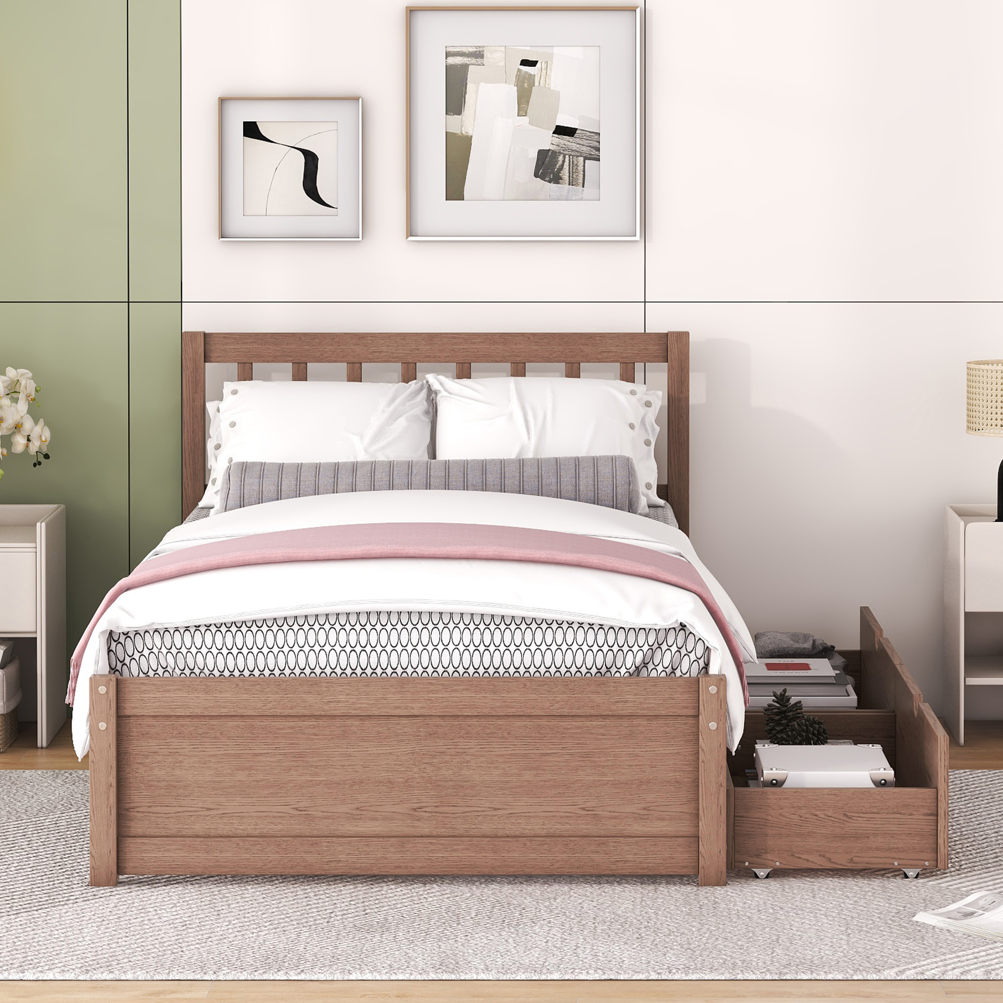 Modern Design Twin Size Platform Bed with 2 Drawers for Walnut Color