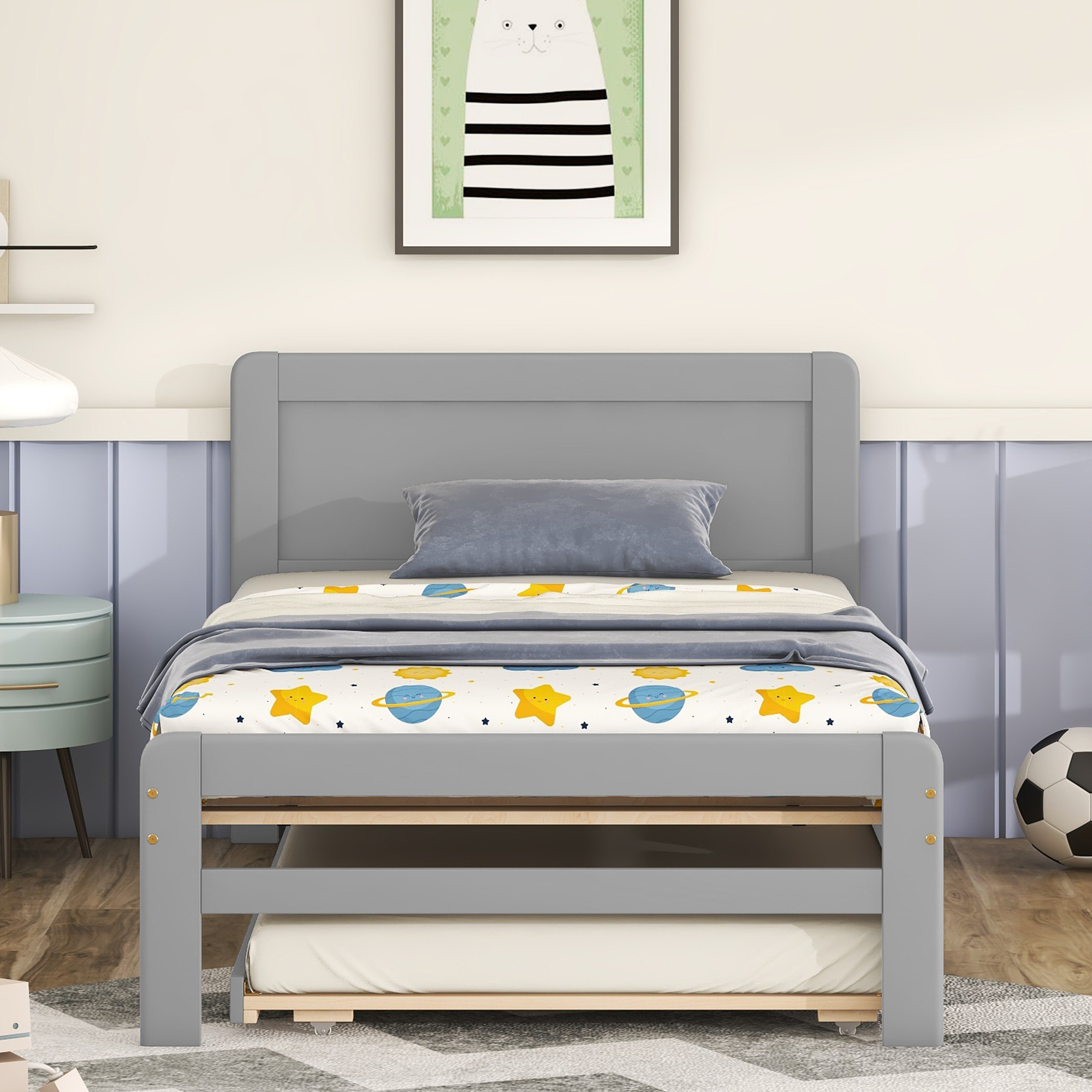 Modern Design Twin Size Platform Bed Frame with Trundle for Grey Color