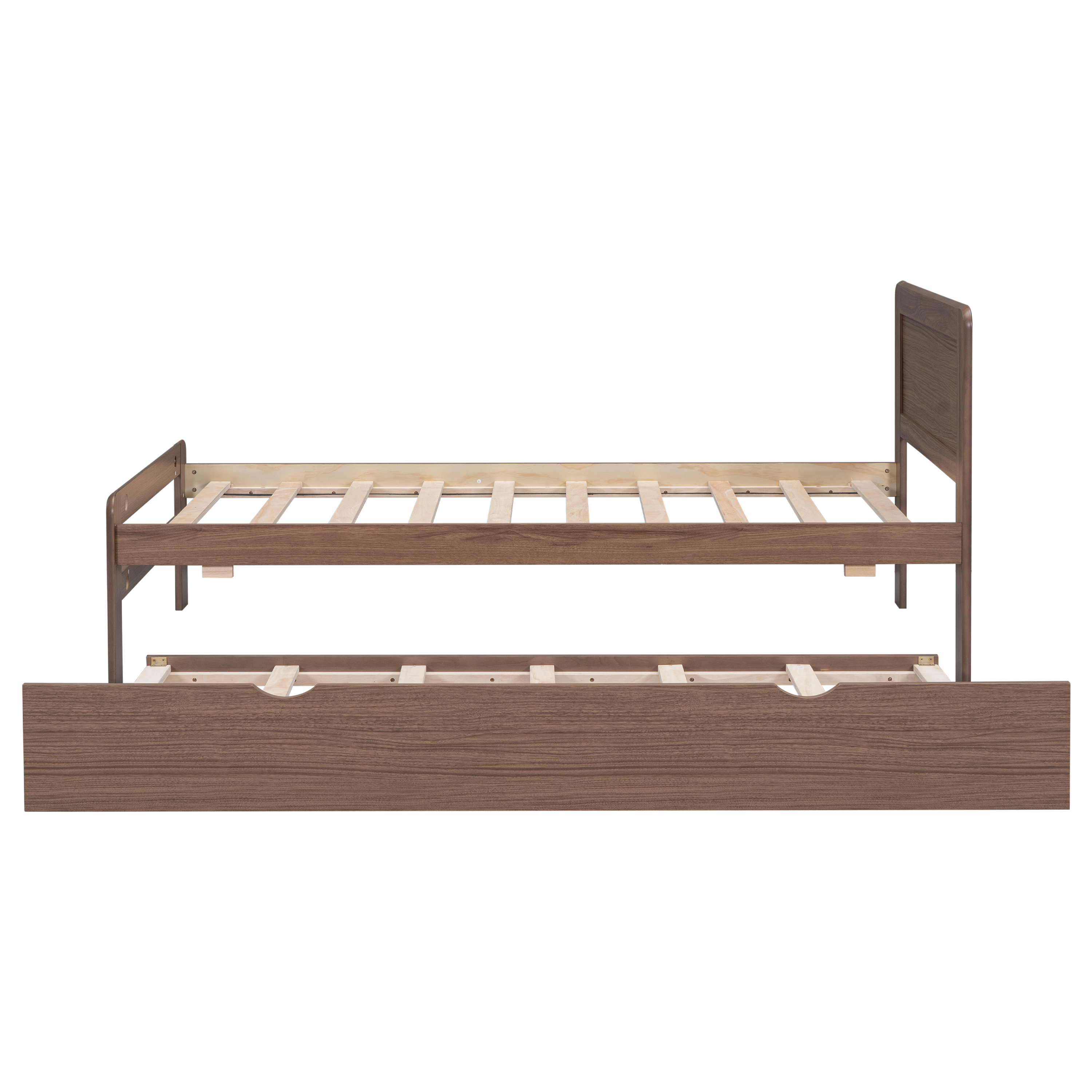 Modern Design Wooden Twin Size Platform Bed Frame with Trundle for Walnut Color