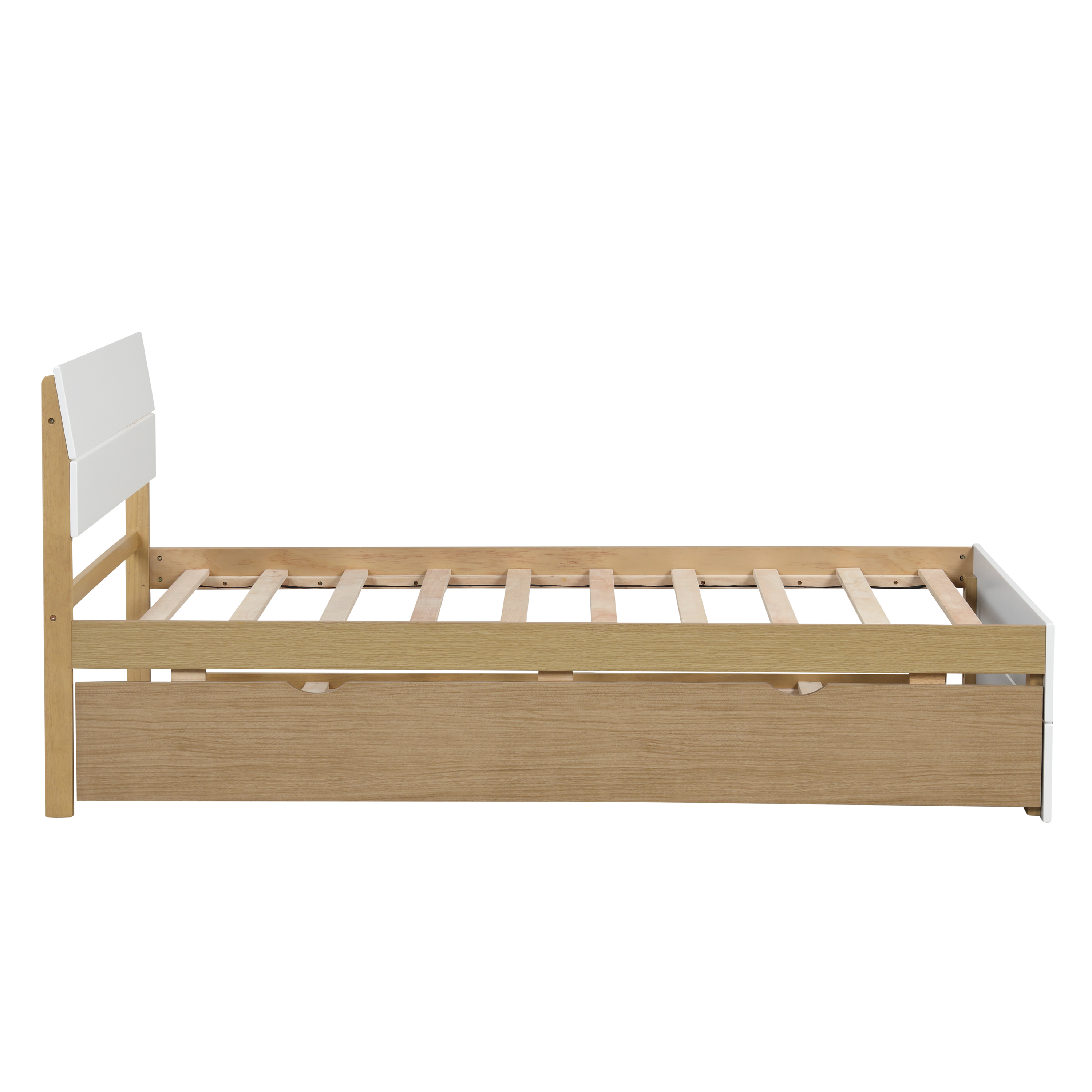 Modern Twin Bed Frame For White High Gloss Headboard and Footboard With Light Oak Trundle