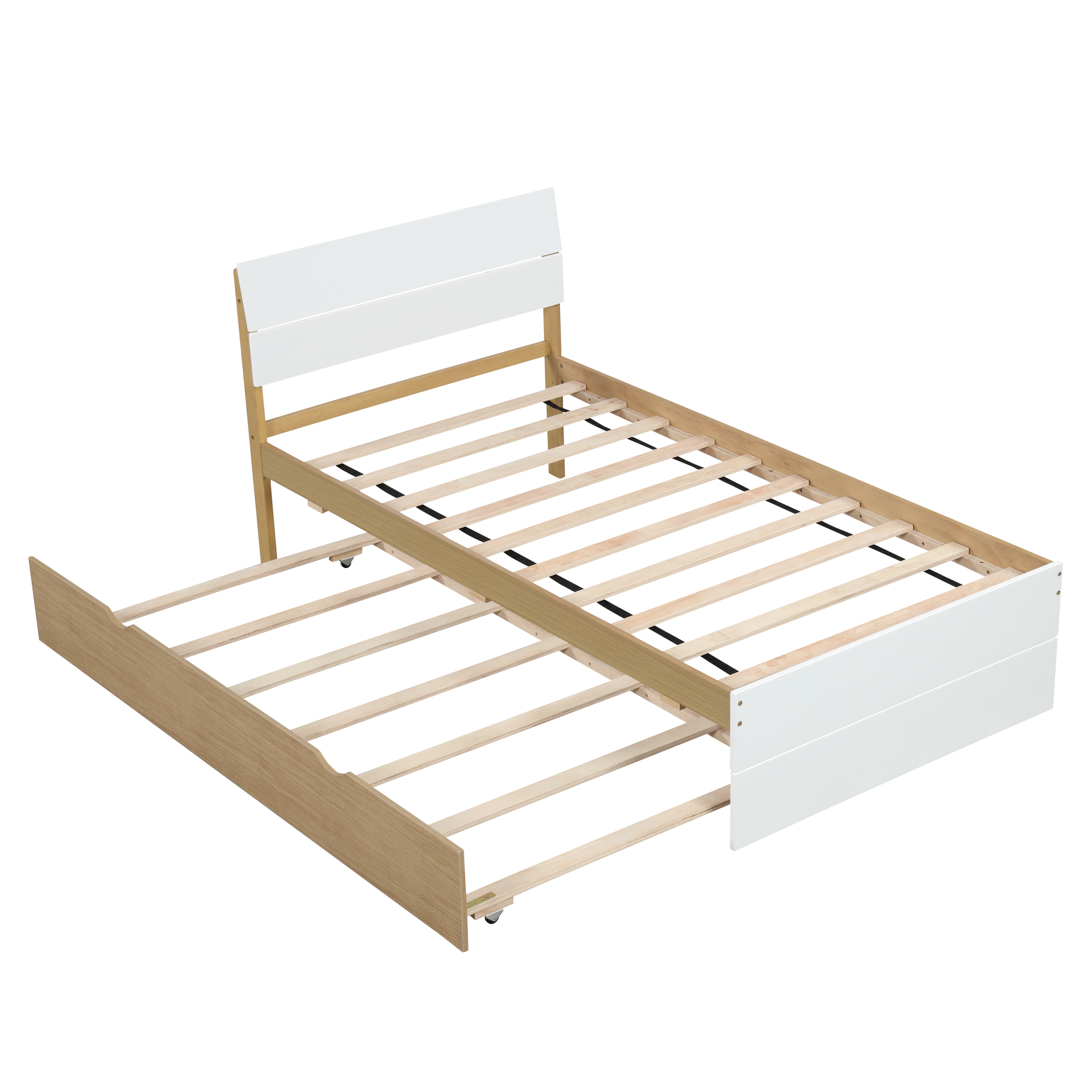 Modern Twin Bed Frame For White High Gloss Headboard and Footboard With Light Oak Trundle