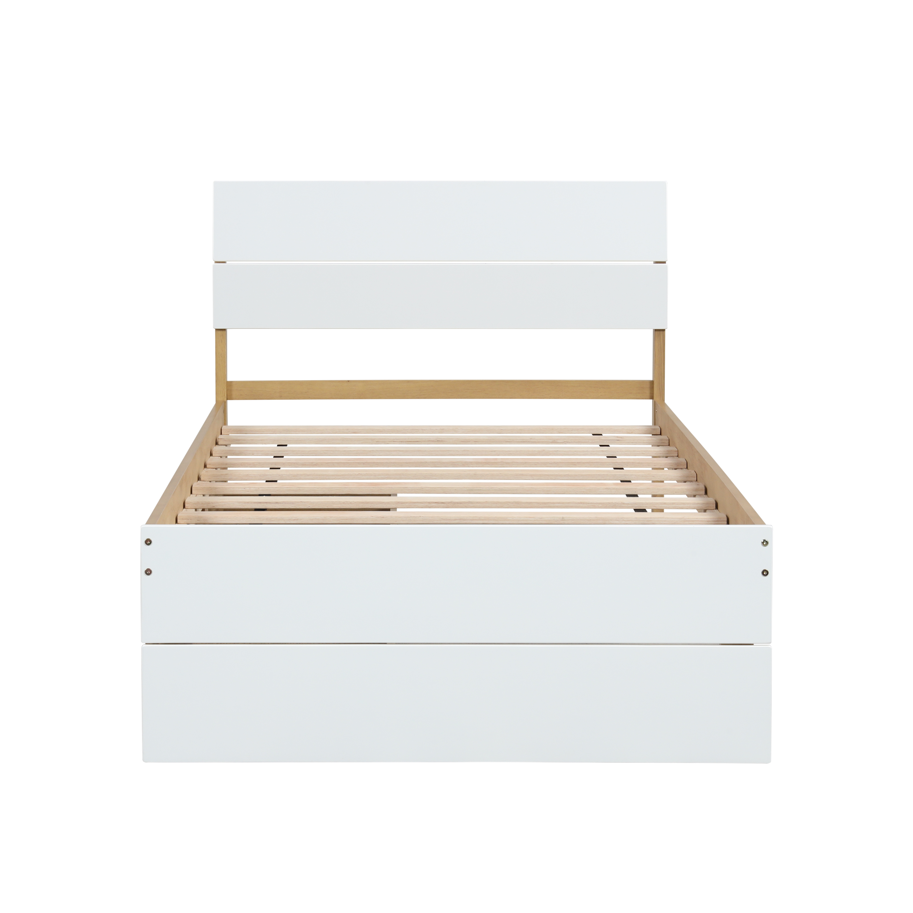 Modern Twin Bed Frame With 2 Drawers For White High Gloss Headboard and Footboard With Light Oak Color