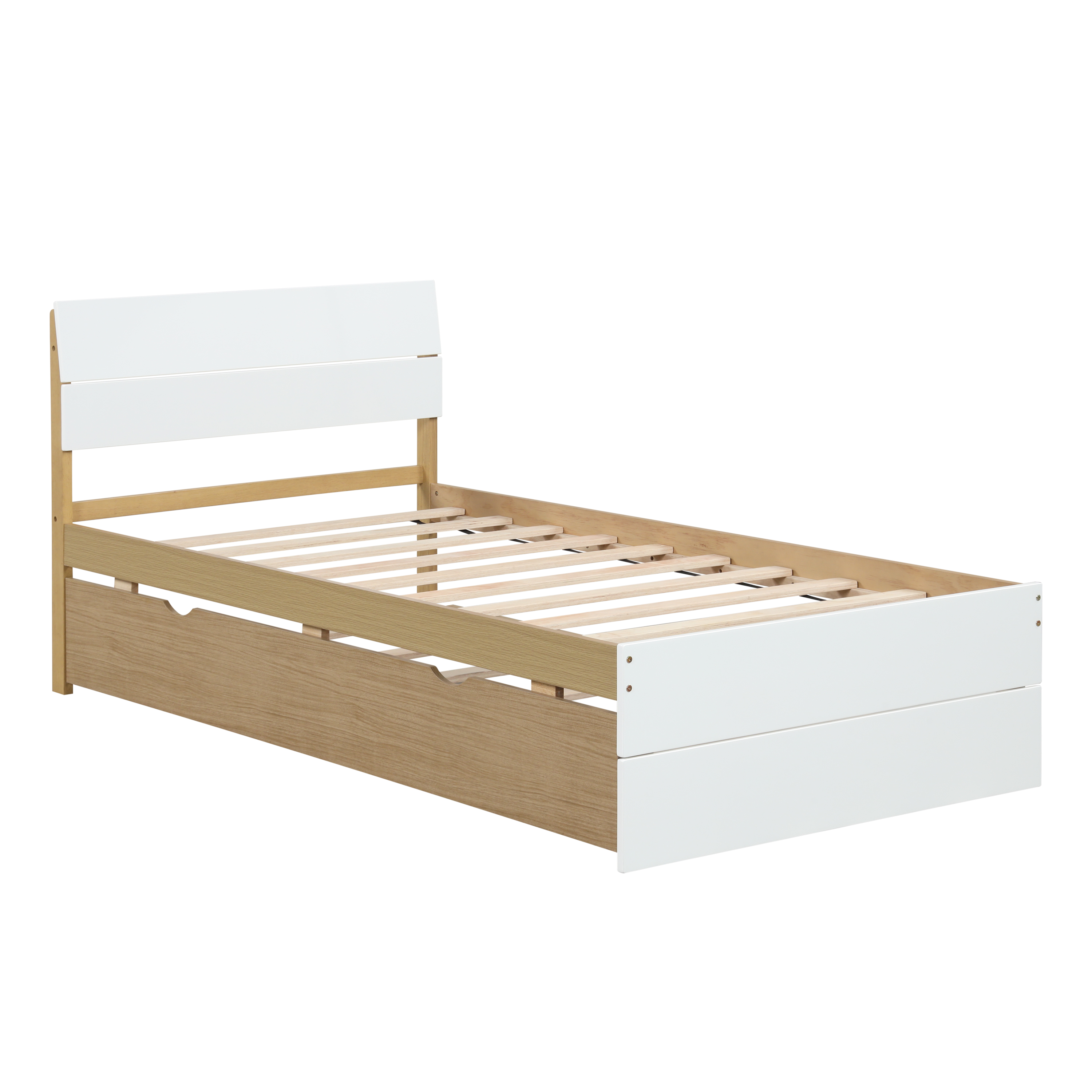 Modern Twin Bed Frame For White High Gloss Headboard and Footboard With Light Oak Trundle