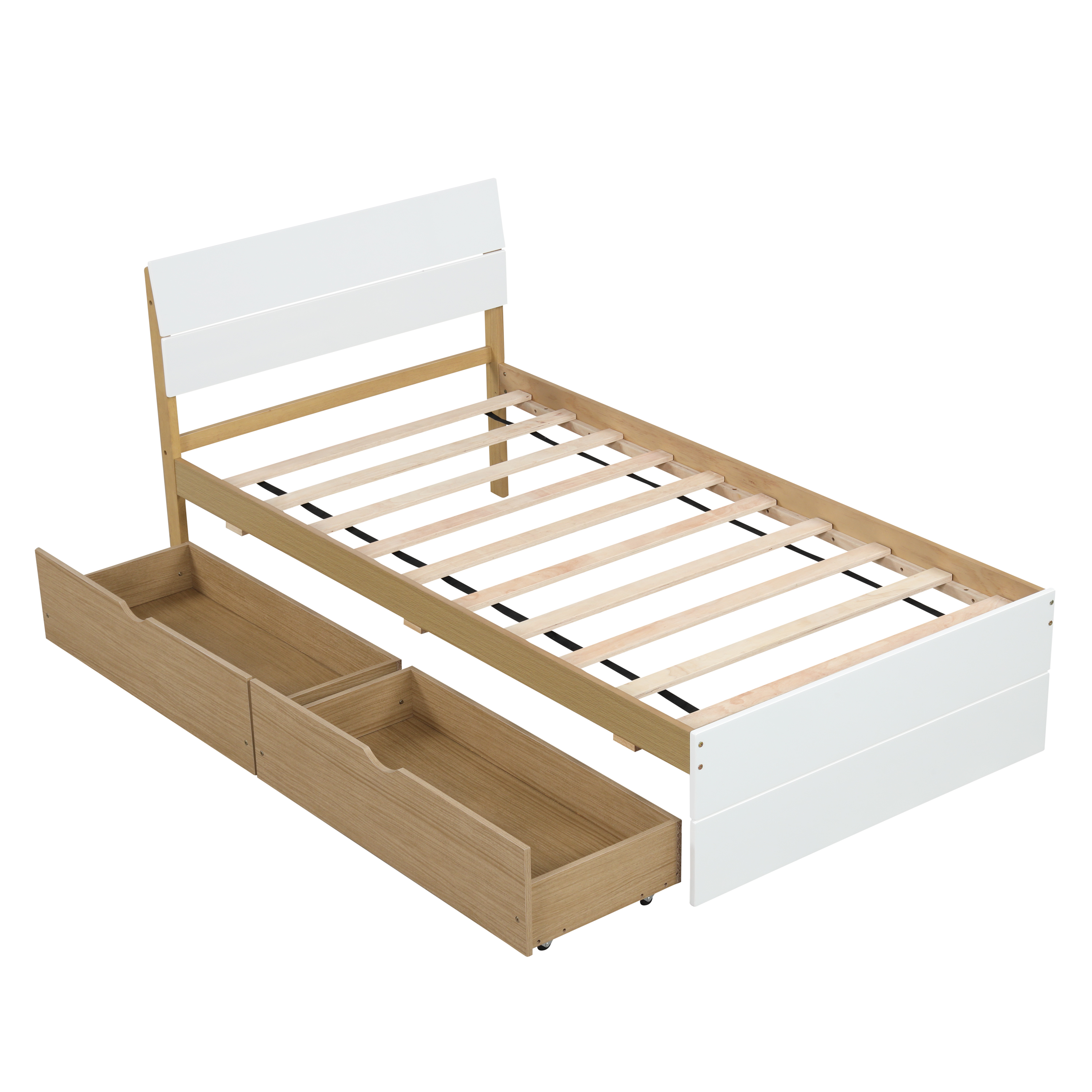 Modern Twin Bed Frame With 2 Drawers For White High Gloss Headboard and Footboard With Light Oak Color