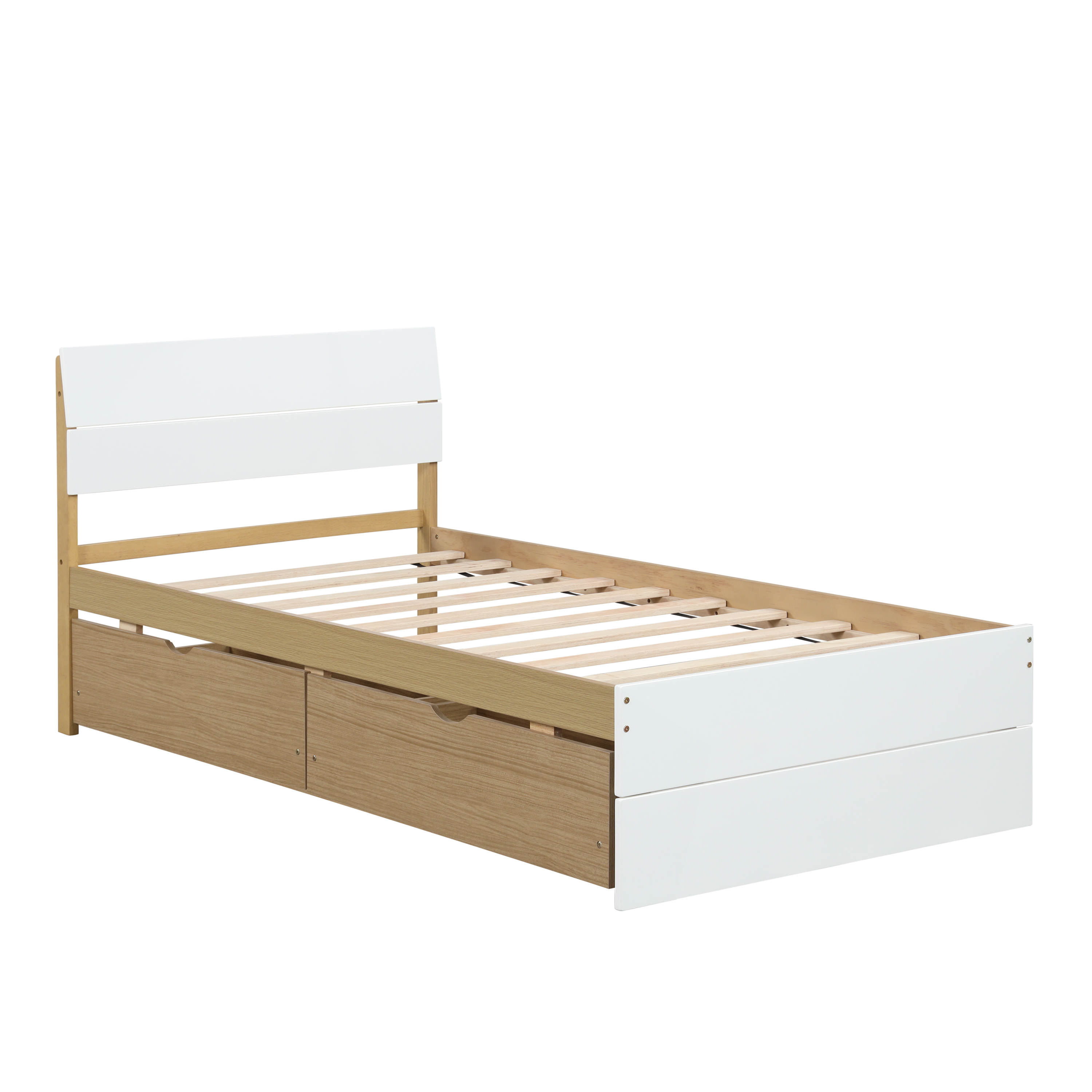 Modern Twin Bed Frame With 2 Drawers For White High Gloss Headboard and Footboard With Light Oak Color