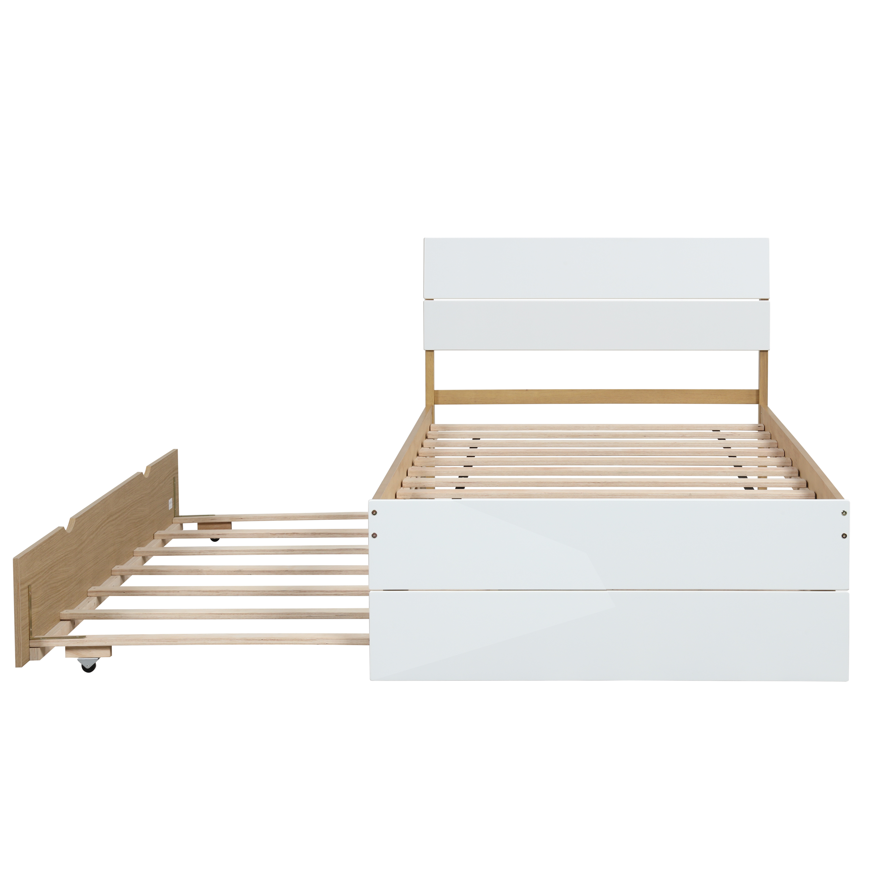 Modern Twin Bed Frame For White High Gloss Headboard and Footboard With Light Oak Trundle