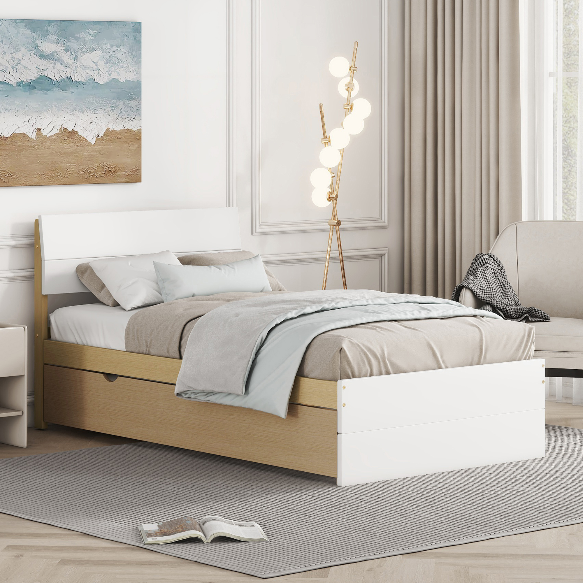 Modern Twin Bed Frame For White High Gloss Headboard and Footboard With Light Oak Trundle