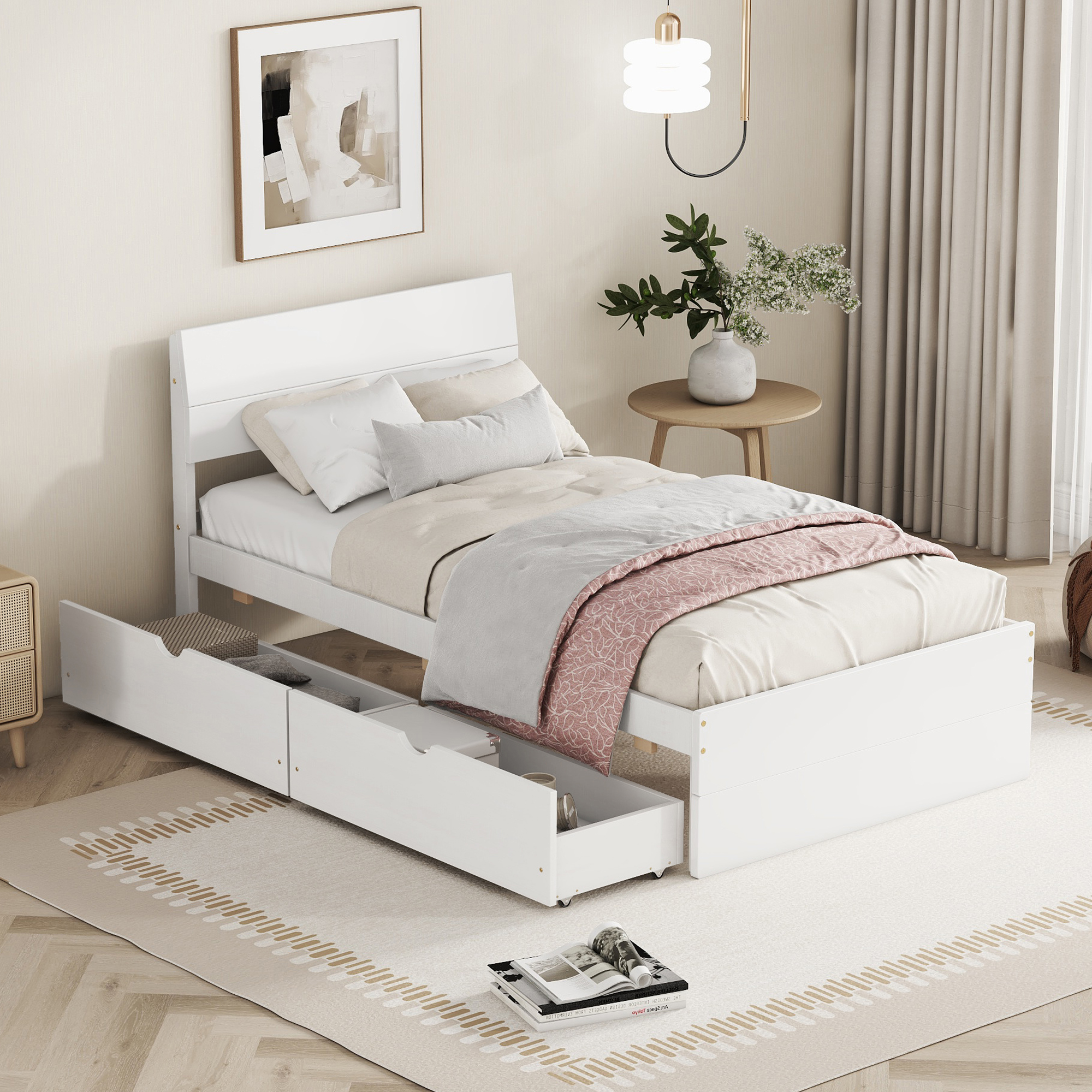 Modern Twin Bed Frame With 2 Drawers For White High Gloss Headboard and Footboard With Washed White Color