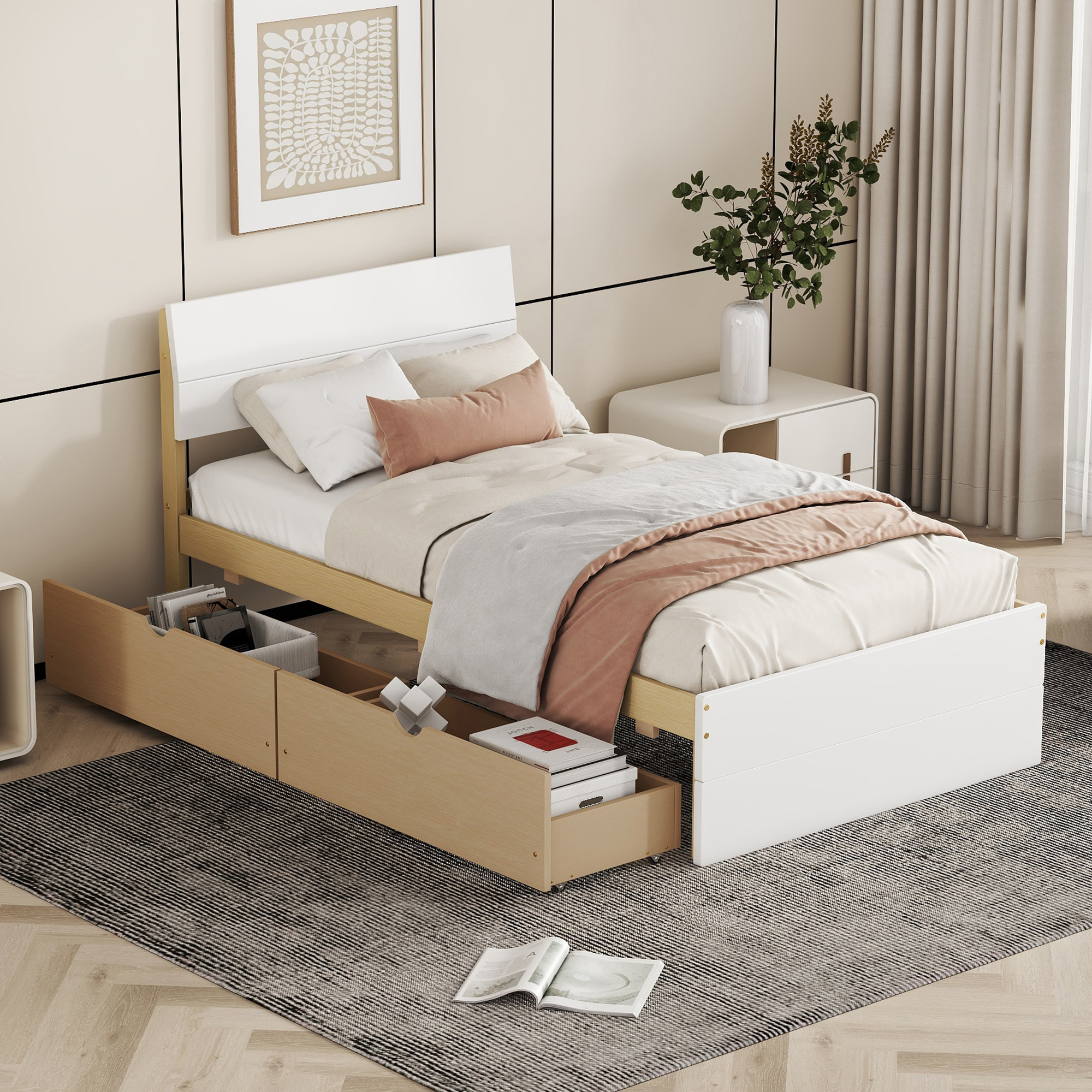 Modern Twin Bed Frame With 2 Drawers For White High Gloss Headboard and Footboard With Light Oak Color