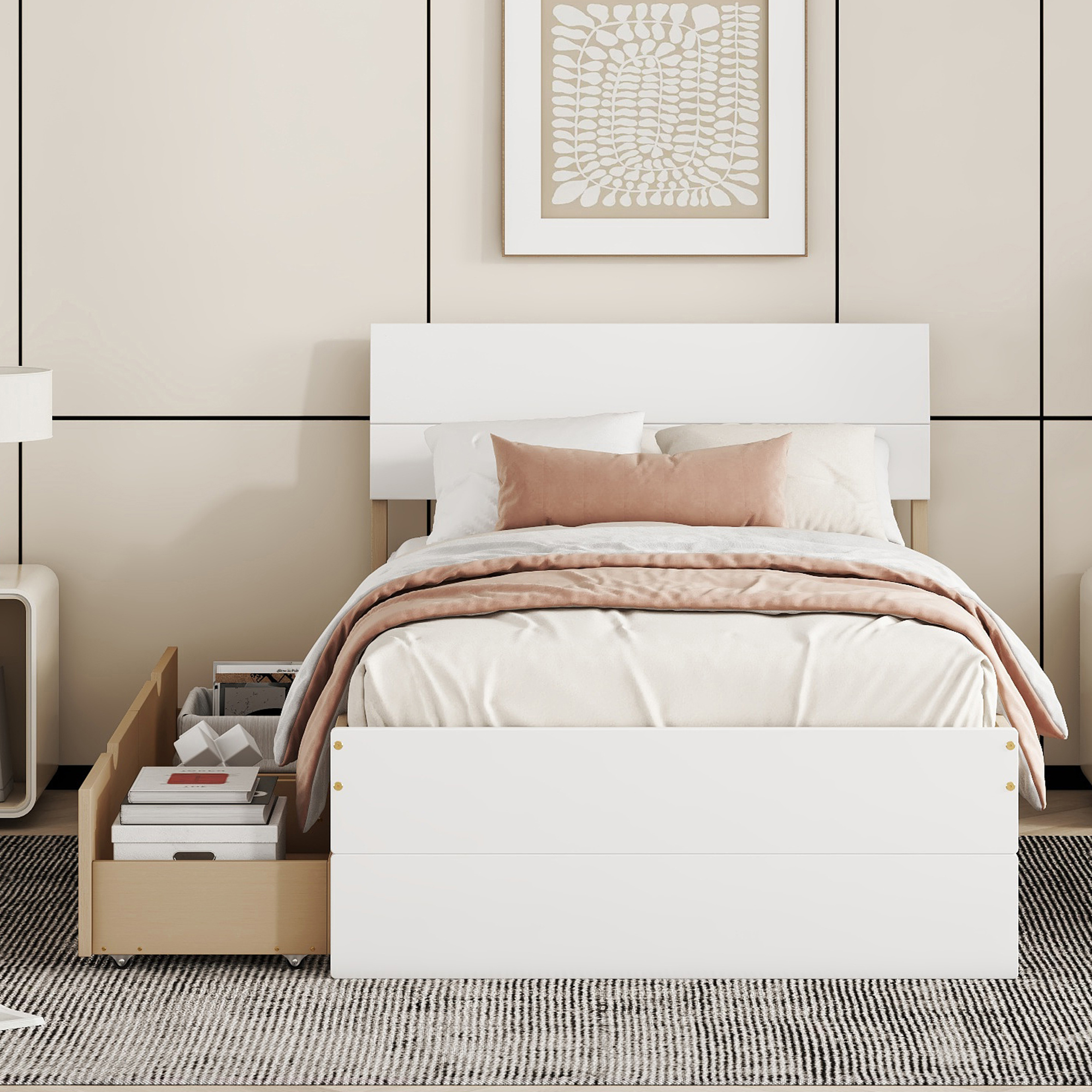 Modern Twin Bed Frame With 2 Drawers For White High Gloss Headboard and Footboard With Light Oak Color