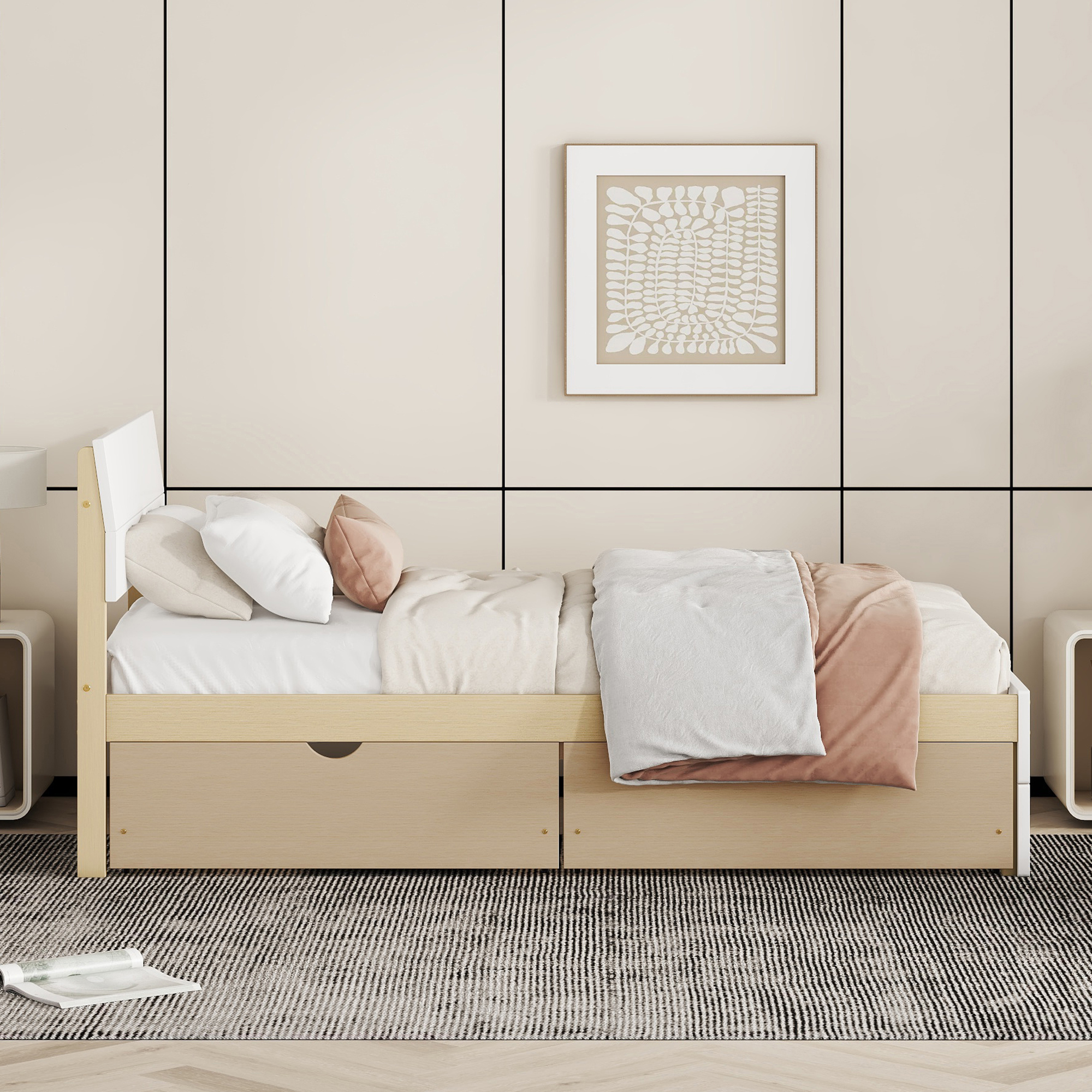 Modern Twin Bed Frame With 2 Drawers For White High Gloss Headboard and Footboard With Light Oak Color