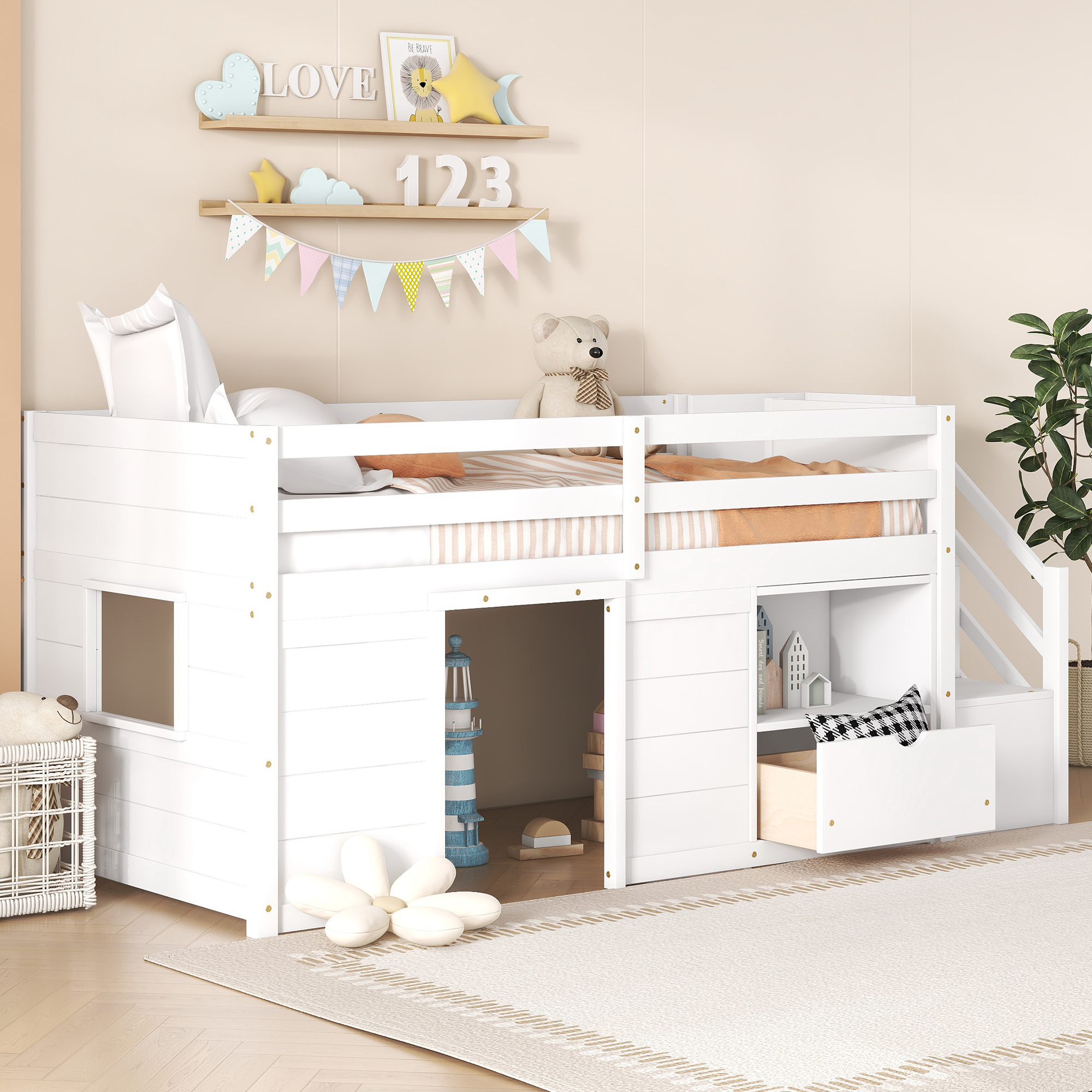 TWIN BED, SOLID WOOD TWIN SIZE LOW LOFT BED WITH STAIR, DRAWER, AND SHELF OF WHITE COLOR