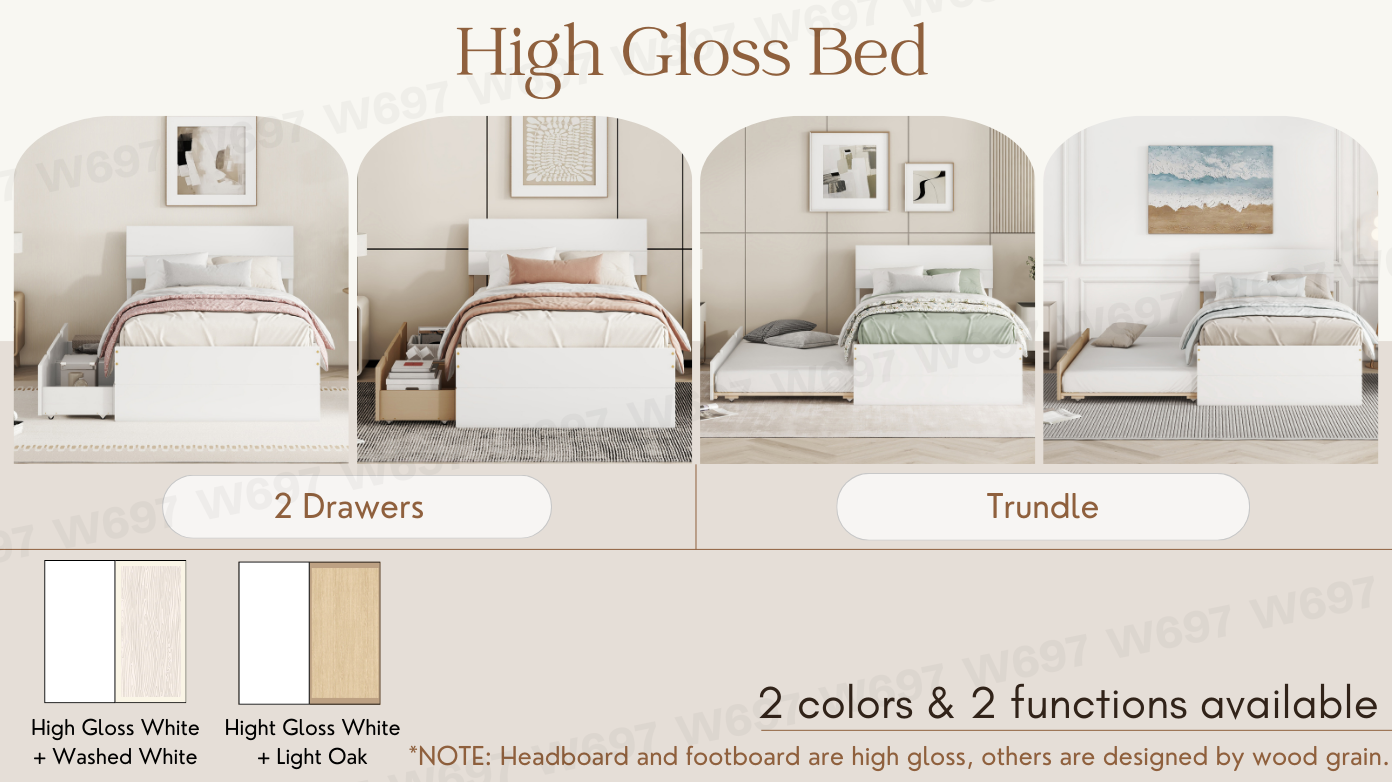 Modern Twin Bed Frame For White High Gloss Headboard and Footboard With Light Oak Trundle