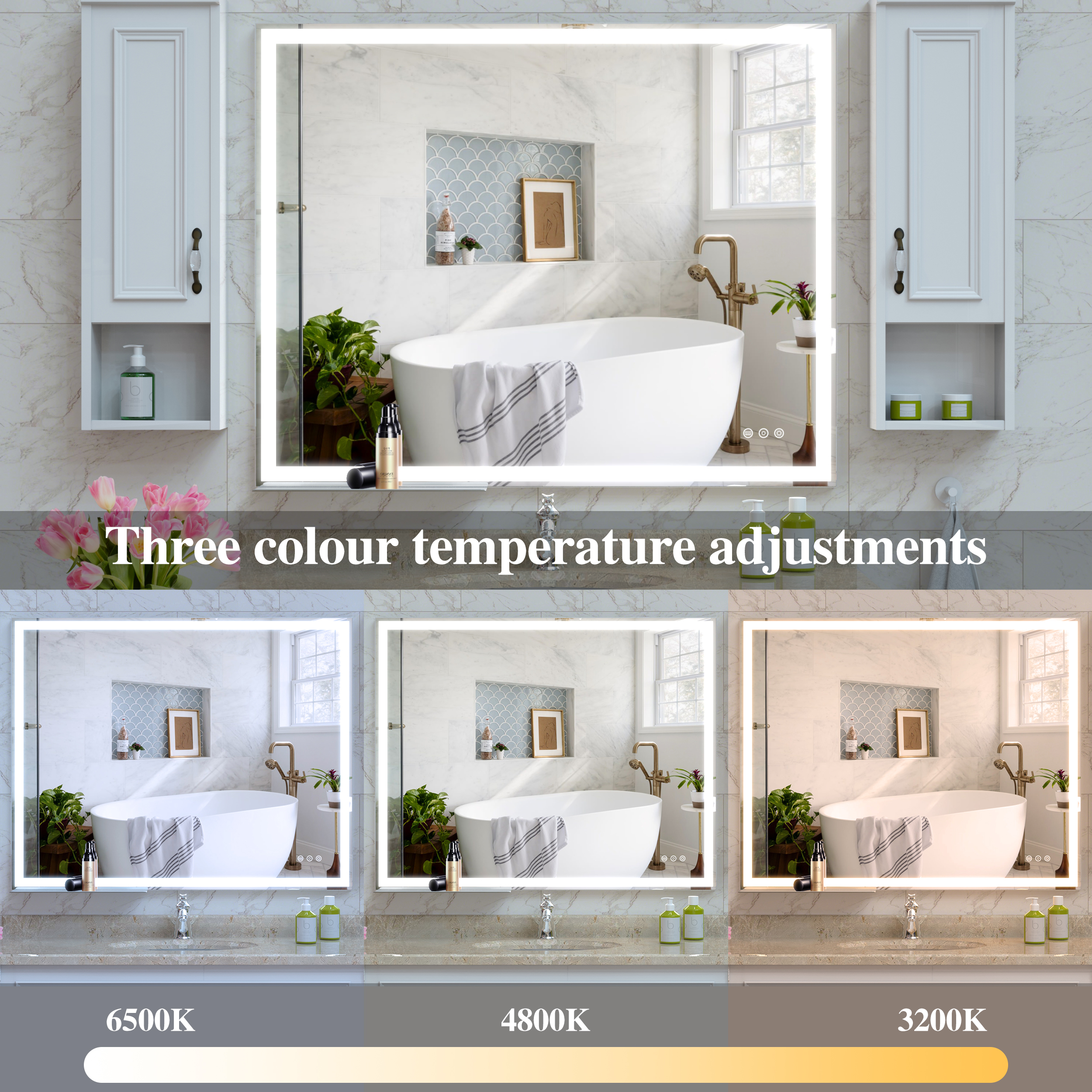 32x40 inch LED Bathroom Vanity Mirror Wall Mounted Adjustable White/Warm/Natural Lights Anti-Fog Touch Switch with Memory Modern Smart Large Bathroom Mirrors