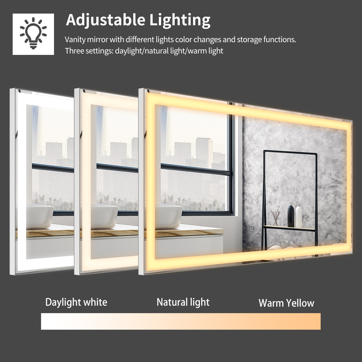 30x36 inch LED Bathroom Vanity Mirror Wall Mounted Adjustable White/Warm/Natural Lights Anti-Fog Touch Switch with Memory Modern Smart Large Bathroom Mirrors