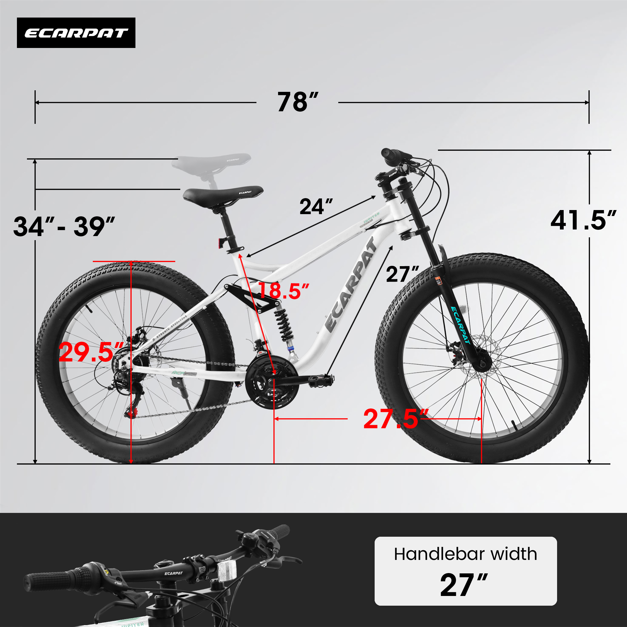 A26309 26 inch Mountain Bike,Full-Suspension 21 Speeds Drivetrain with Disc-Brake MTB Bicycle, 26*4" Fat tire Bike for Men