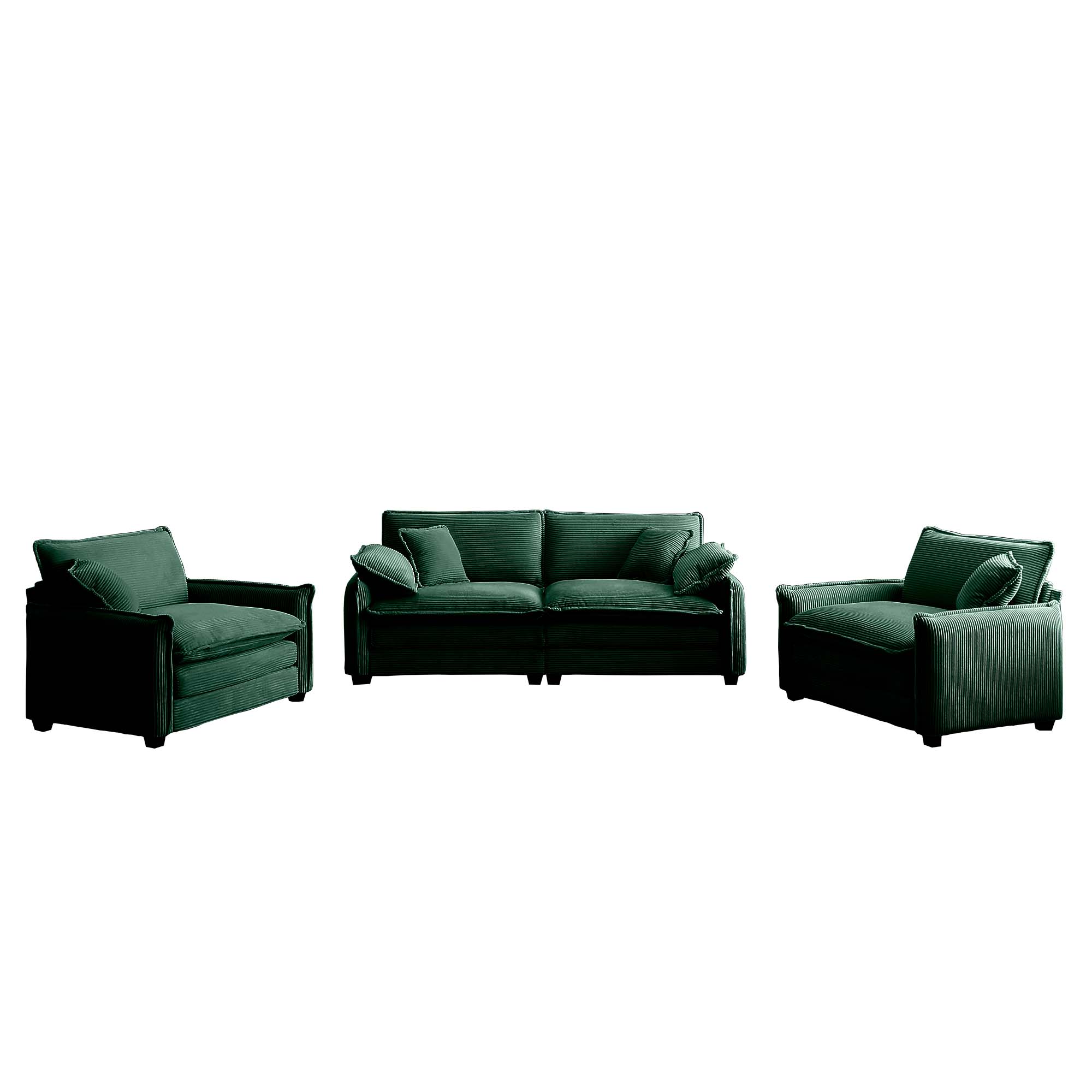 Luxurious and Sophisticated Sofa Set with Soft Cushions and Pillows, Sofa Set for Living Rooms and Clubs as well as Home Theaters, Consisting of Two Single Sofas and a 2-Seaters  Sofas inGreen Corduro