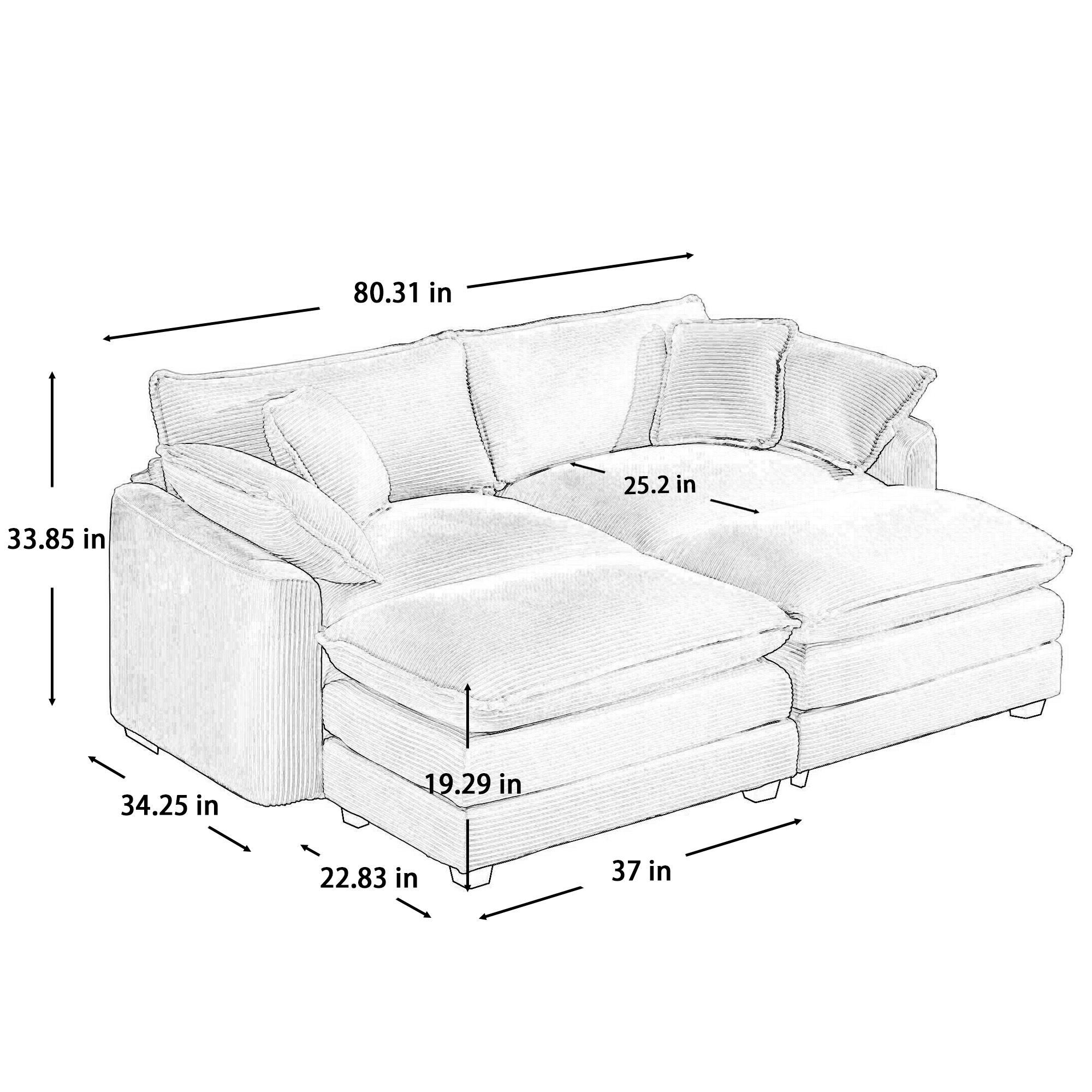 Corduroy Two-Seater Sofa  with 2 Footrest, 2-Seater Sofa with Ottoman to Work As Sofa Bed for Small Living Spaces, Light Beige Corduroy Sofa