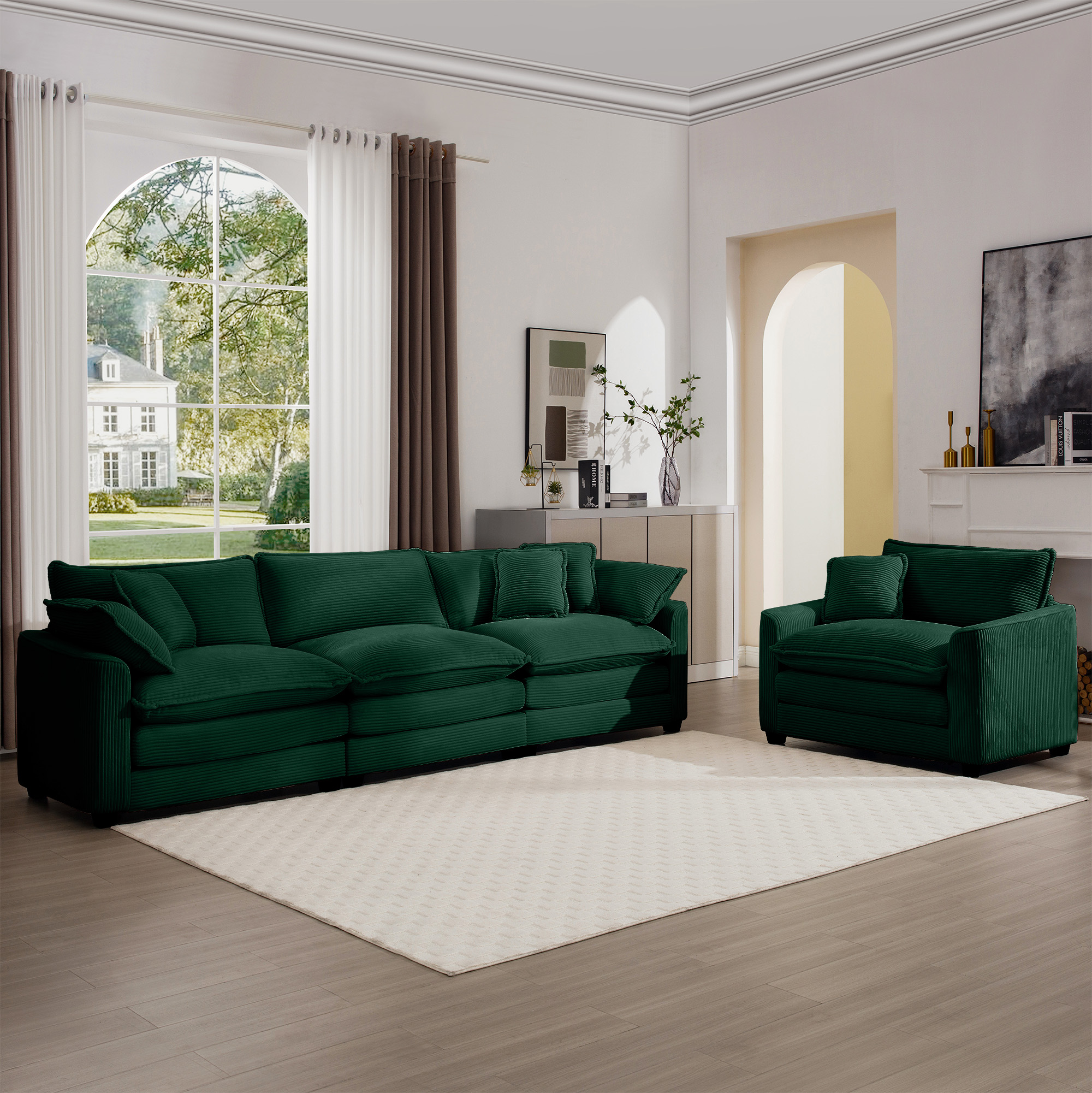 Mid-Century Modern Sectional Set of Two, One 3-Seater Sectional and One Single-Seater Sectional with 2 Arm Pillows and 4 Throw Pillows, Living Room Sectional Green Corduroy Fabric