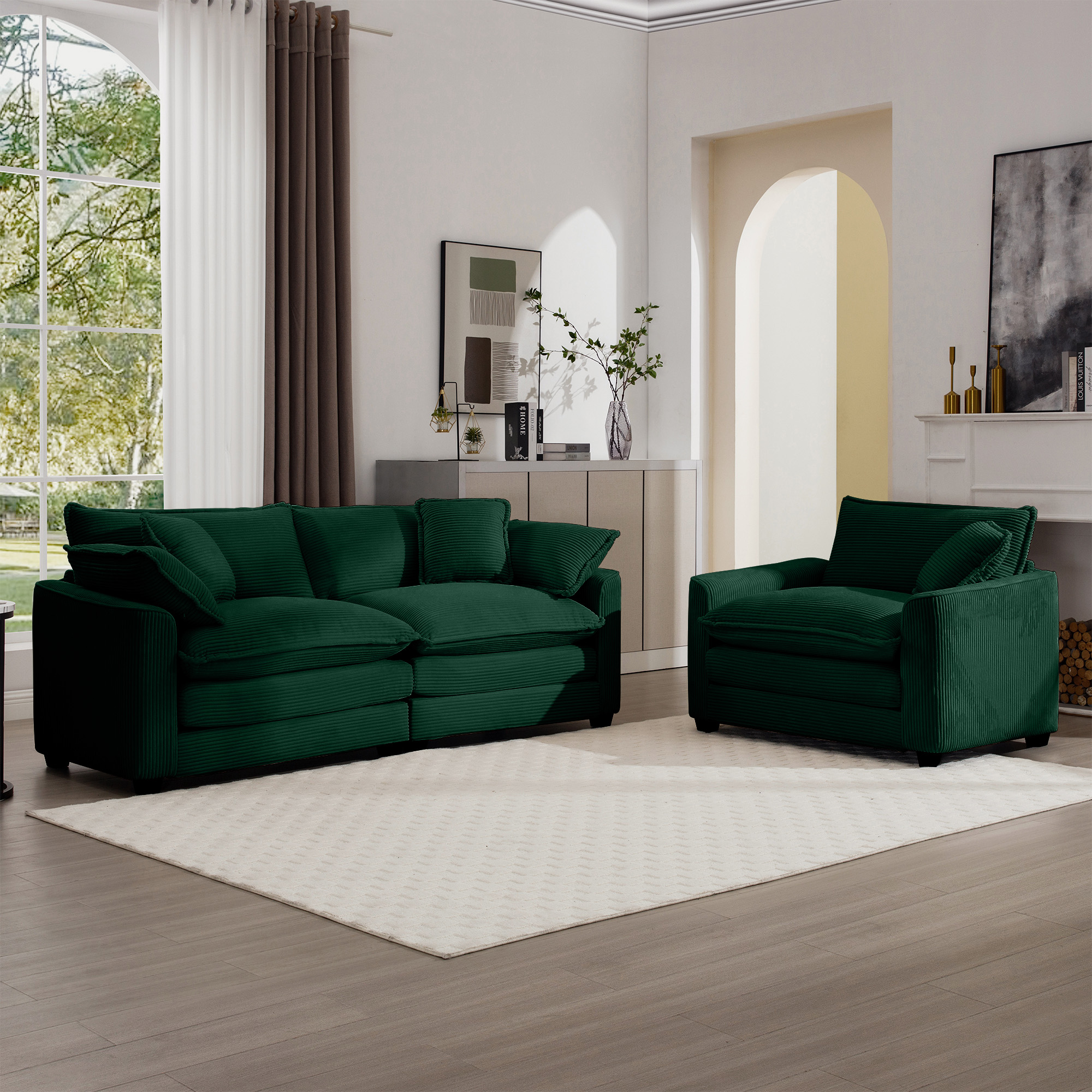 Mid-Century Modern Sectional Set of Two, One 3-Seater Sectional and One Single-Seater Sectional with 2 Arm Pillows and 4 Throw Pillows, Living Room Sectional Green Corduroy Fabric