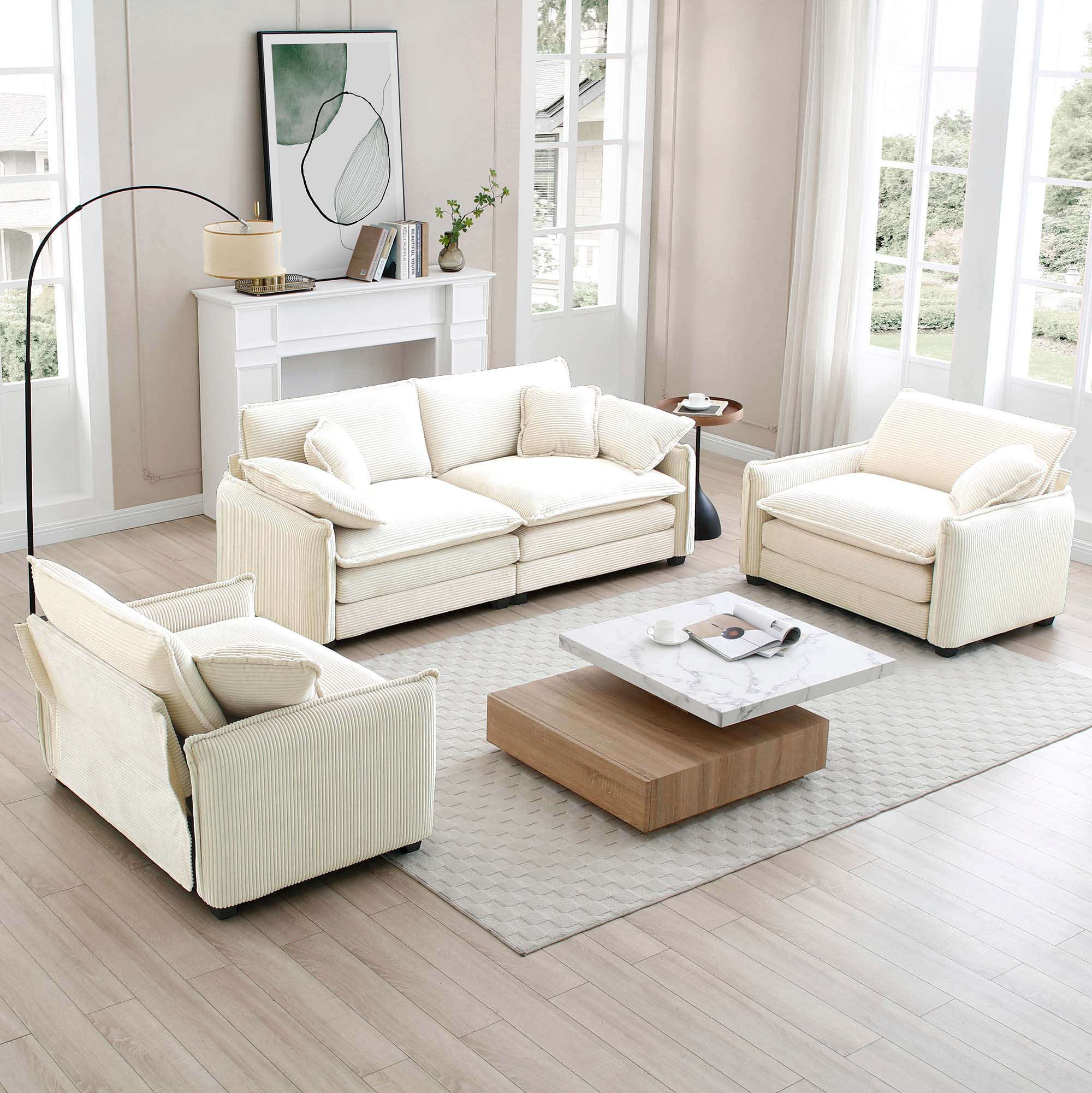 Luxurious and Sophisticated Sofa Set with Soft Cushions and Pillows, Sofa Set for Living Rooms and Clubs as well as Home Theaters, Consisting of Two Single Sofas and a 2-Seaters  Sofas in Beige Cordur