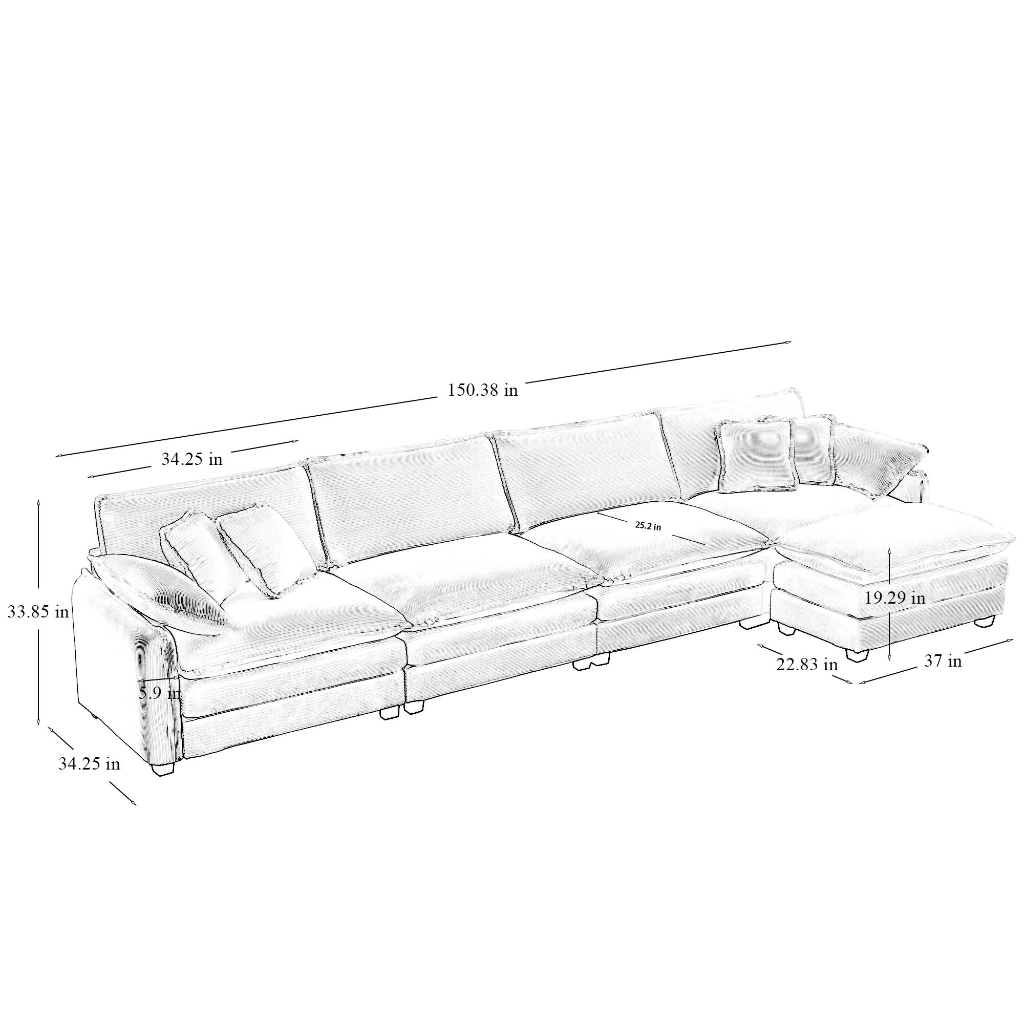 Corduroy Sofa Modern Upholstered 4 Seater with with 1 Footstool Corduroy Fabric Sofa , Office Living Room Apartment Comfort Sofa, Easy to Assemble with 2 Arm Pillows and 4 Throw Pillows