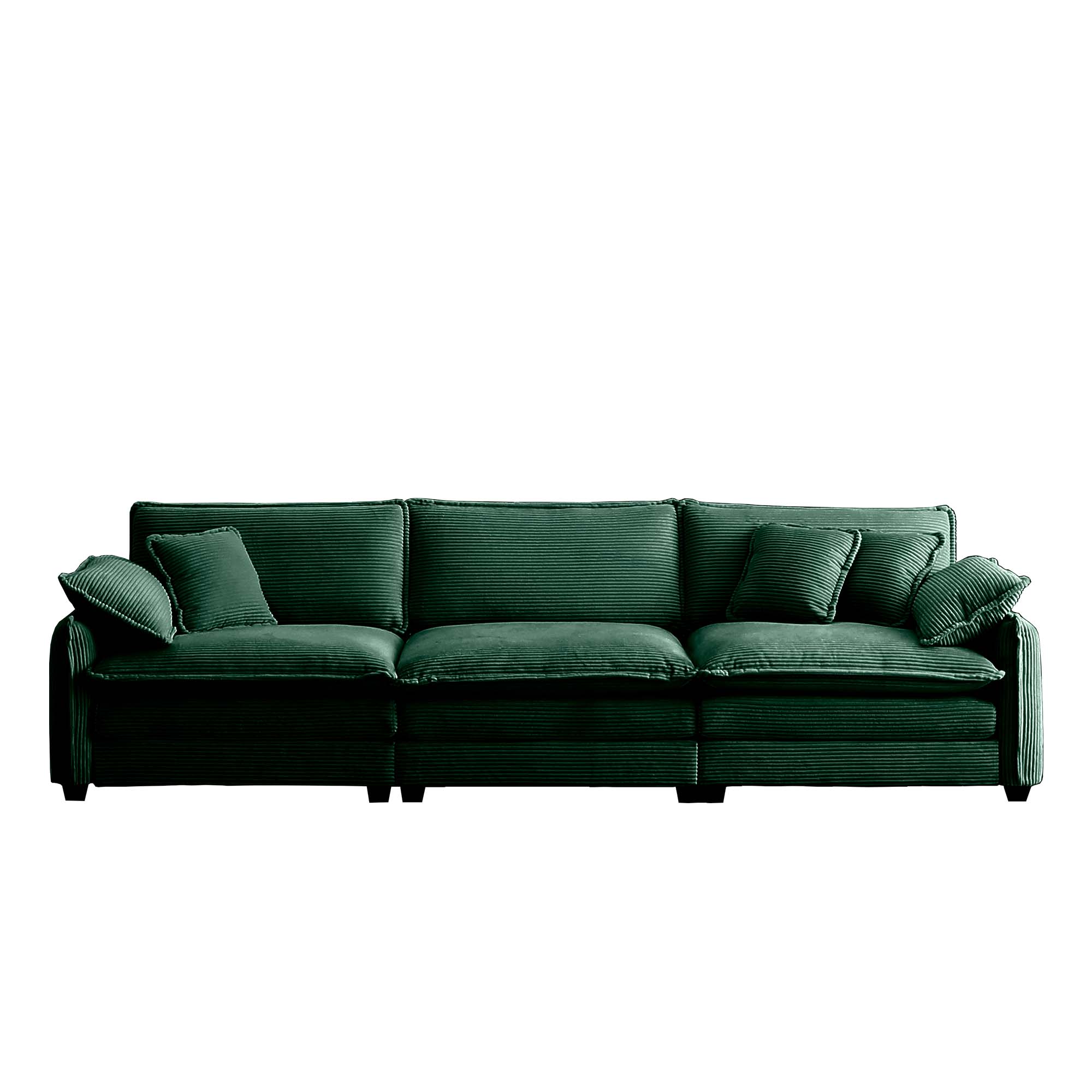 Mid-Century Modern 3-Seater Sectional Sofa with 2 Arm Pillows and 3 Throw Pillows,Green Corduroy Fabric