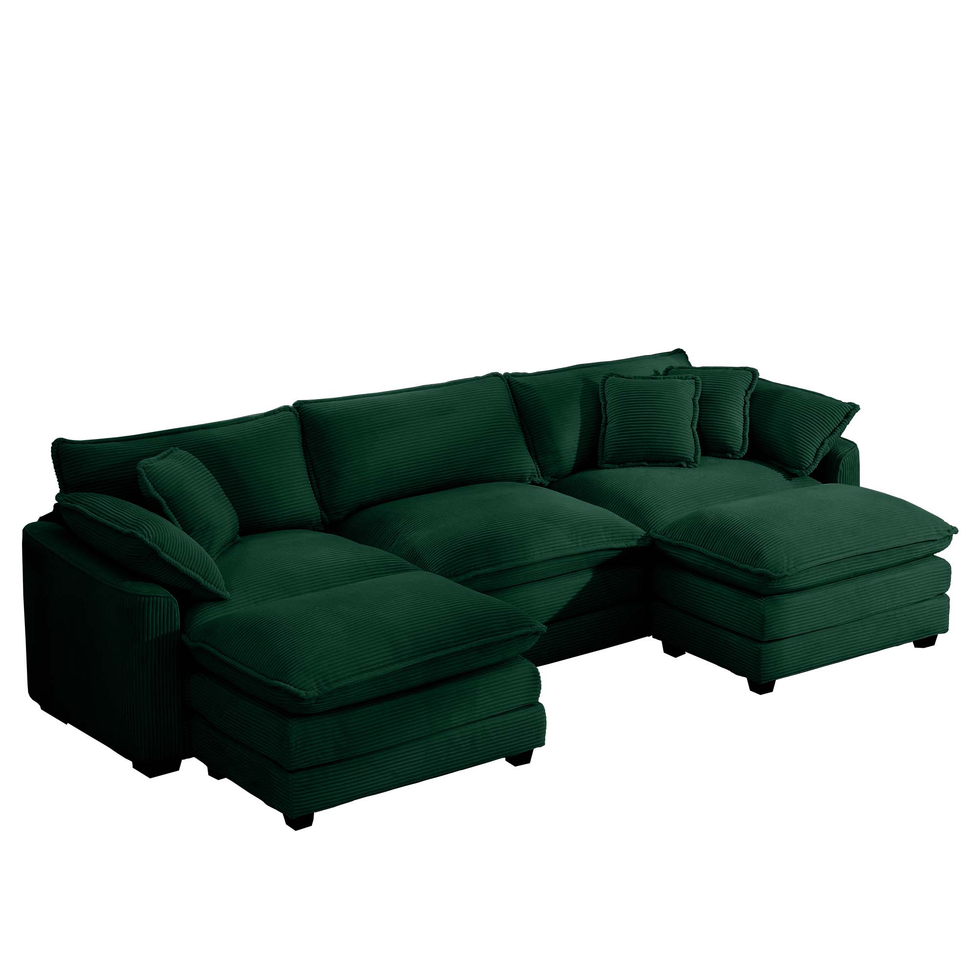 Oversized Modular Cushion Sofa, Portable Ottoman, L-Shaped Corner Low Back Deep Seating Spacious Sofa Set and Sofa Bed for Home Apartment Living Room Set, Green Corduroy