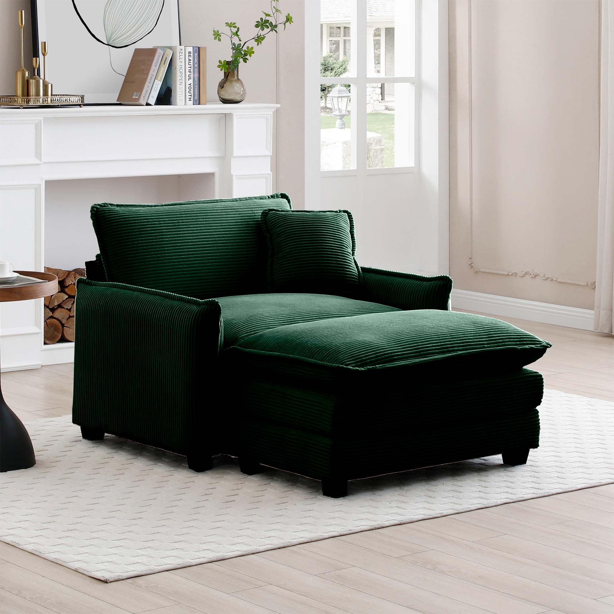 Single Deep Seat Sofa With Footstool With One Pillow, Suitable for Living Room and Bedroom, Club Multiple Occasions,Green Corduroy