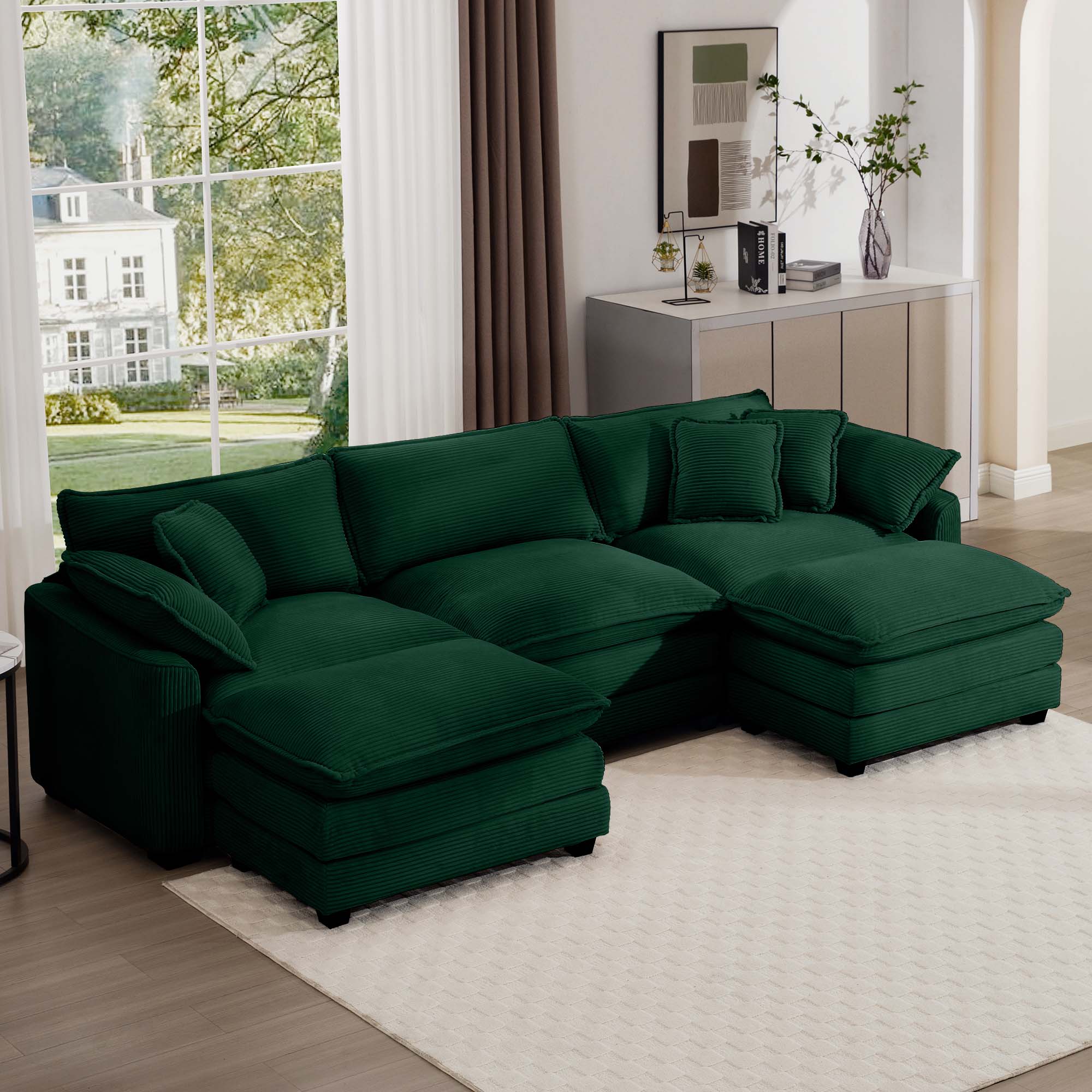 Oversized Modular Cushion Sofa, Portable Ottoman, L-Shaped Corner Low Back Deep Seating Spacious Sofa Set and Sofa Bed for Home Apartment Living Room Set, Green Corduroy