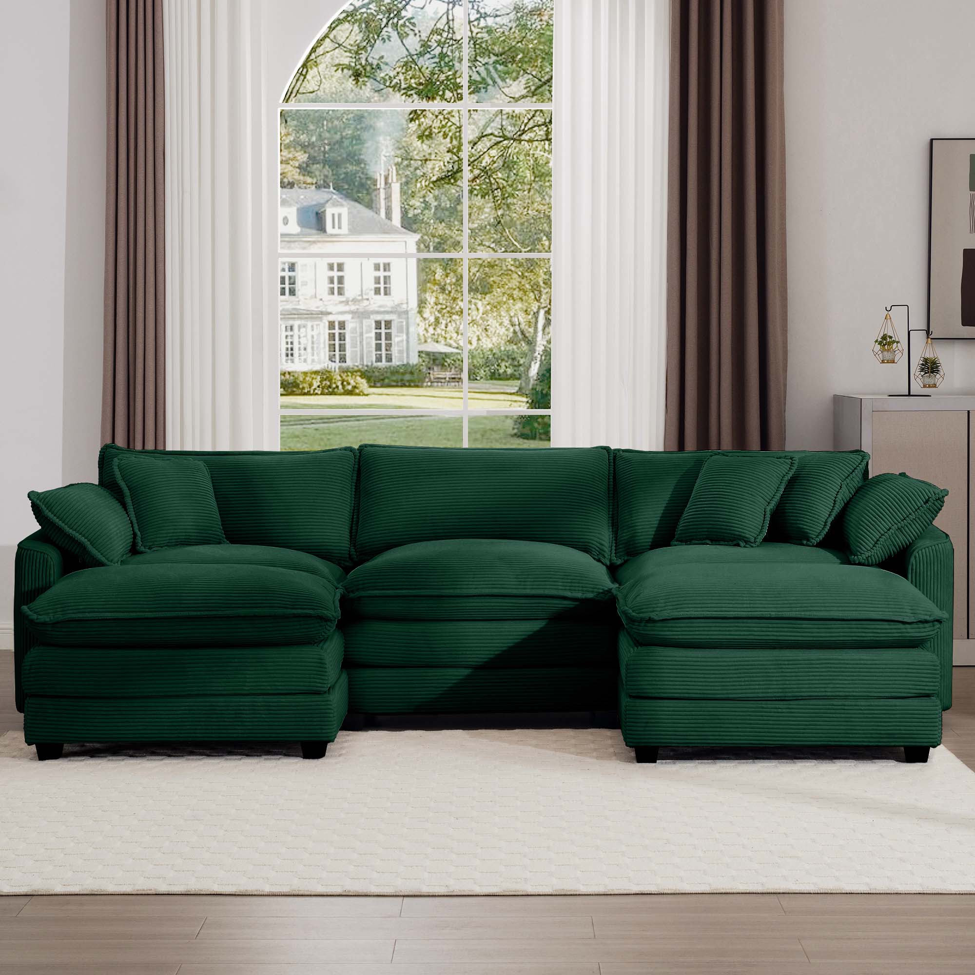 Oversized Modular Cushion Sofa, Portable Ottoman, L-Shaped Corner Low Back Deep Seating Spacious Sofa Set and Sofa Bed for Home Apartment Living Room Set, Green Corduroy