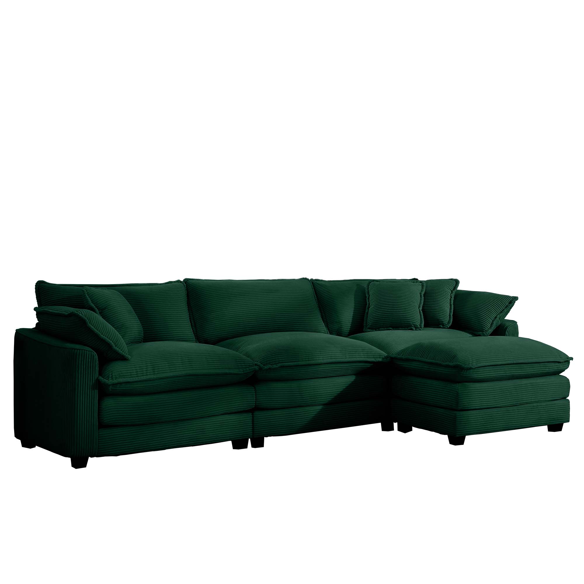 Corduroy 3-seater sofa with 1 footrest, L-shaped double sofa with ottoman for small living rooms, Green corduroy sofa