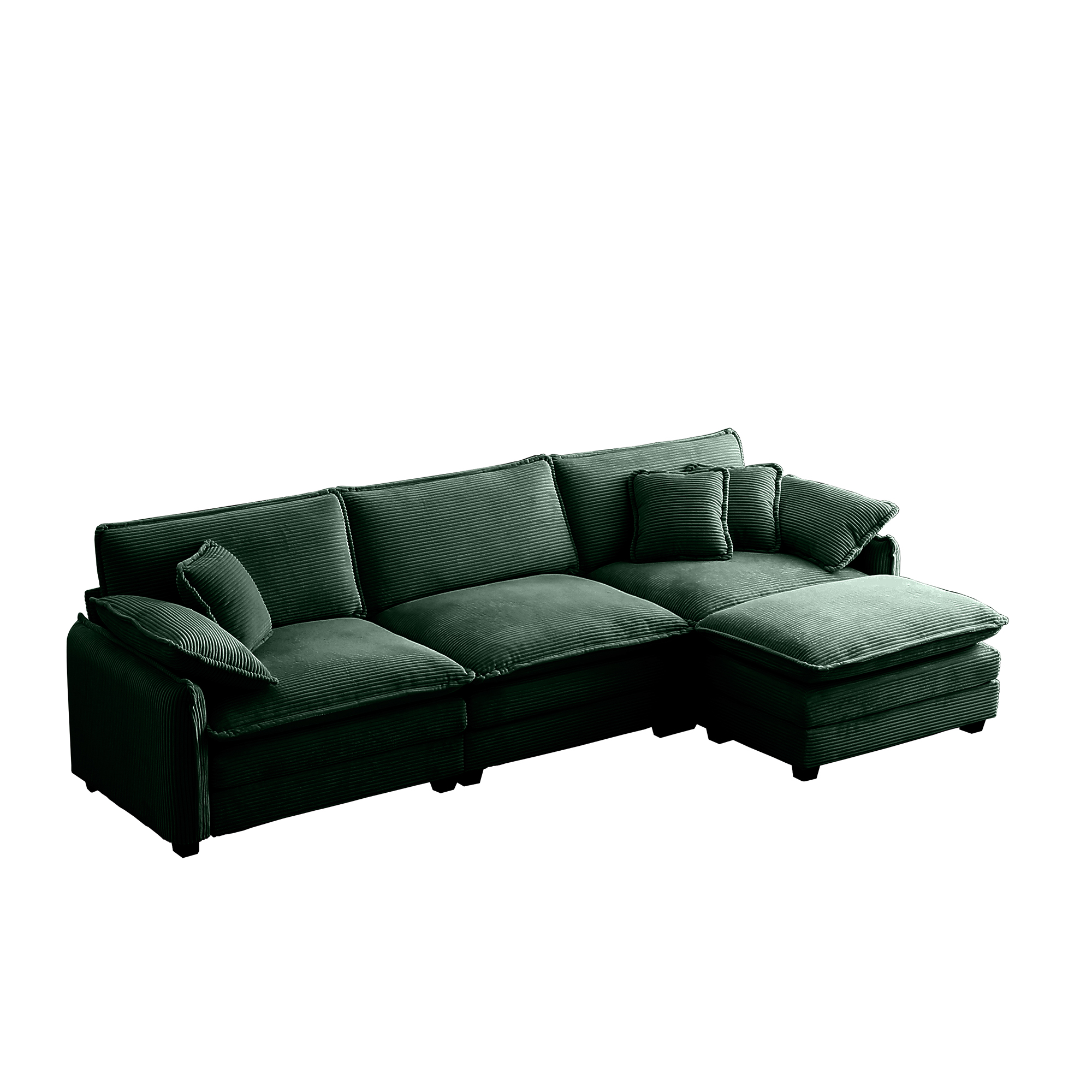 Oversize 3-seater sofa with One footrest, L-shaped Sectional sofa with ottoman for living rooms,Green corduroy sofa