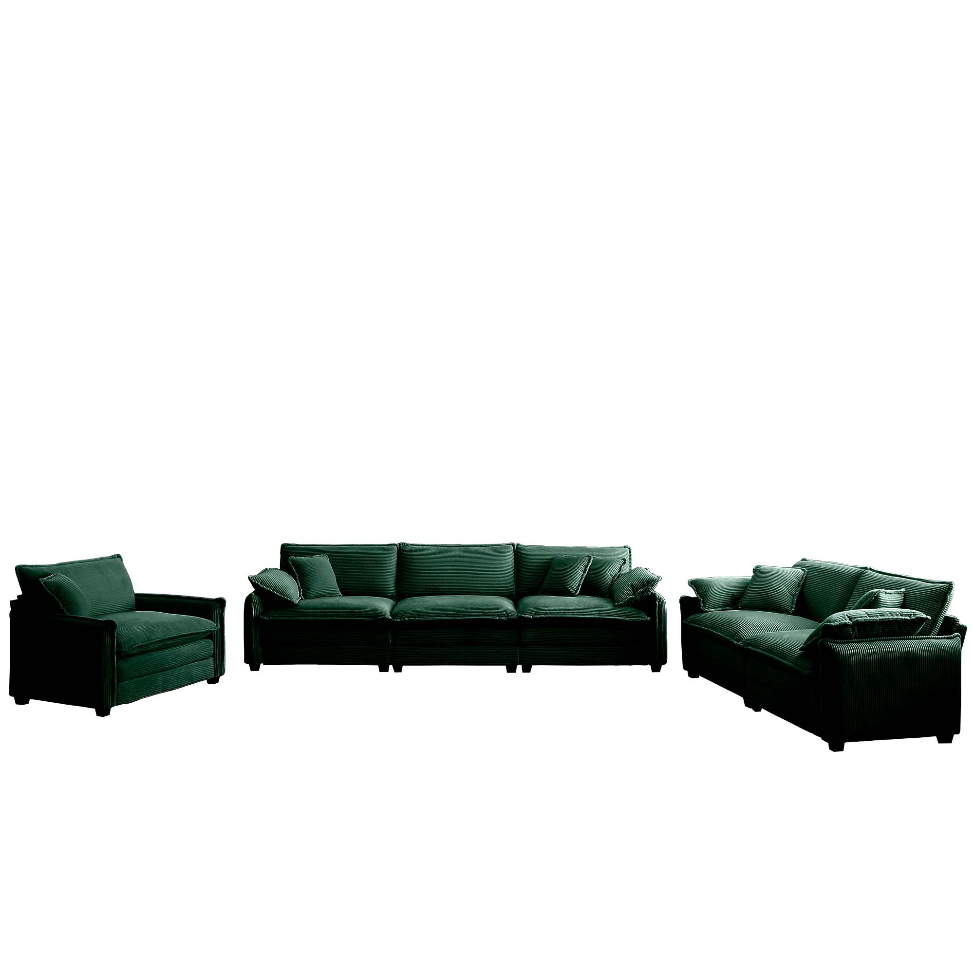 3 Piece  Comfortable Oversized Sectional Sofa, One Single Sofa and One 2-Seater Sofa and One 3-Seater Sofa ,Green Corduroy Deep Seat Sofa