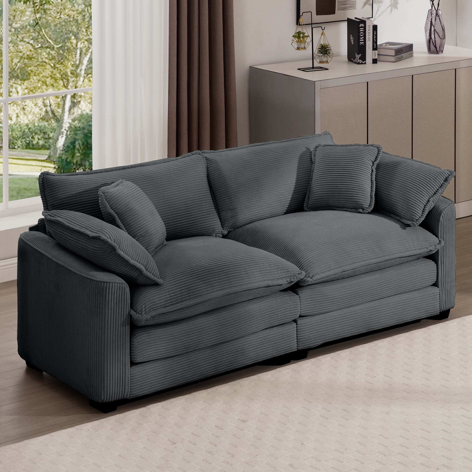 Modern Fabric Living Room Sofa with 4 Pillows Upholstered Large Deep Seating Loveseat, Grey Corduroy