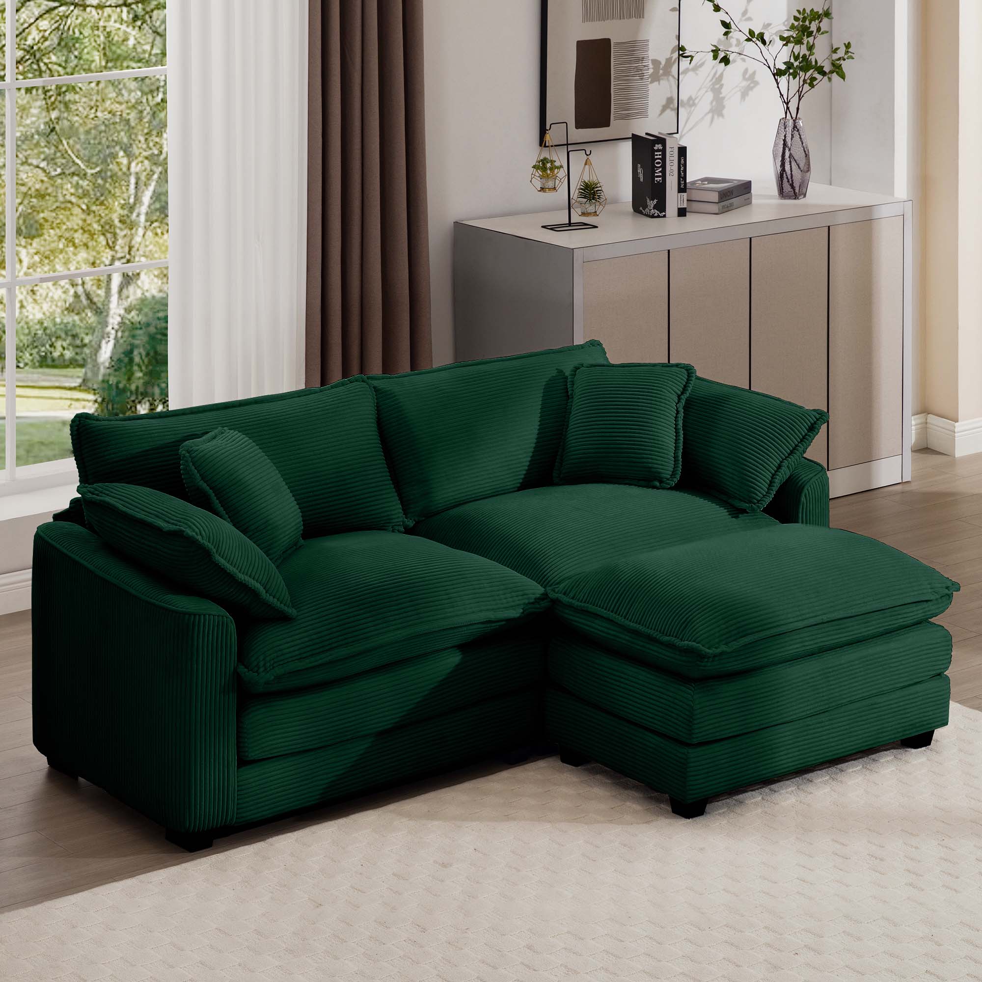 Corduroy Two-Seater Sofa  with 1 Footrest, L-Shaped 2-Seater Sofa with Ottoman for Small Living Spaces, Green Corduroy Sofa