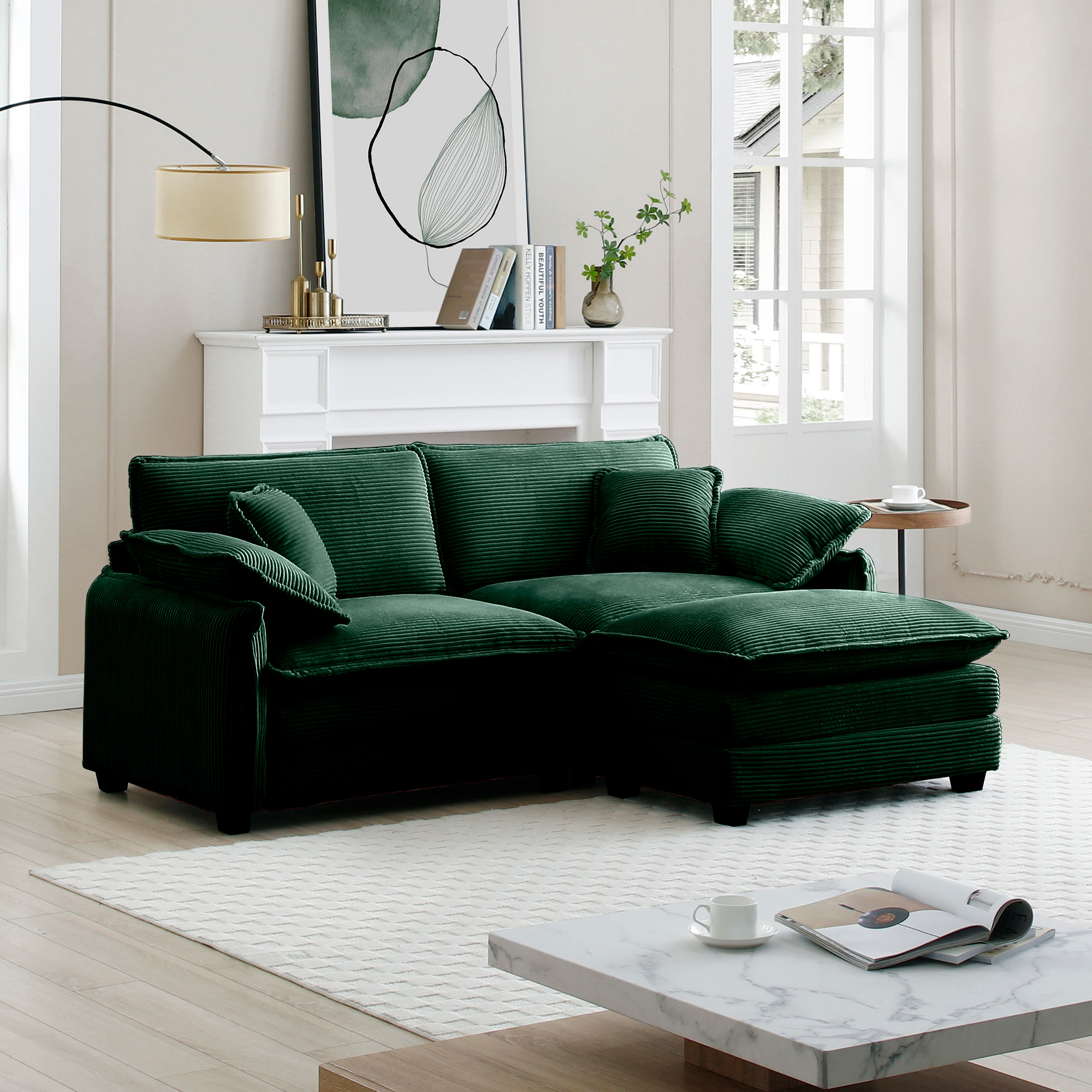 Two-Seater Sofa  with One Footrest, L-Shaped 2-Seater Sofa with Ottoman for Small Living Spaces,Green Corduroy