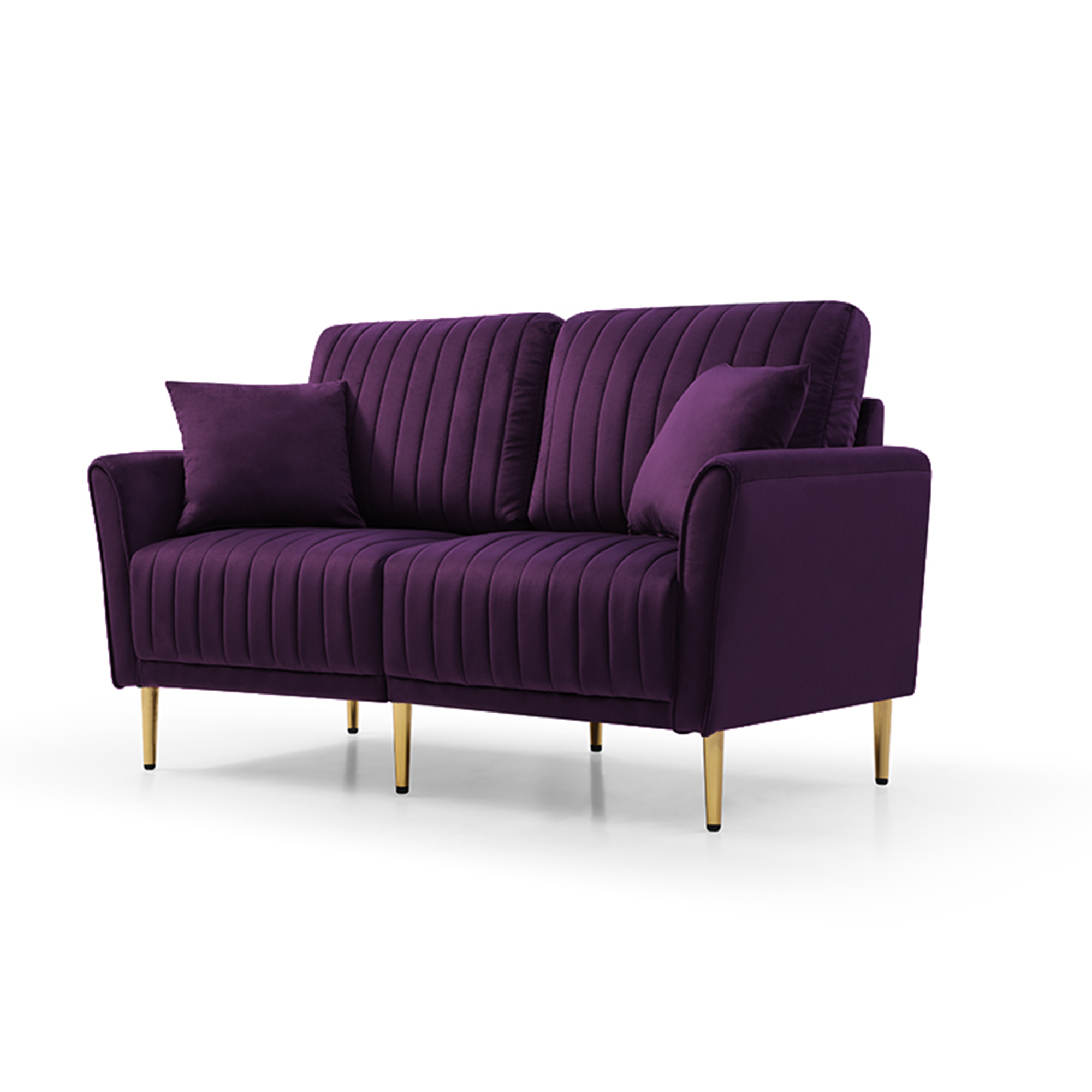 2-Piece Velvet Upholstered Living Room Sofa Set, Including 2 Pieces 2 -Seater Sofa with Channel Tufted and Revsible Pillows, Free Self Fabric Pillow Included, Purple