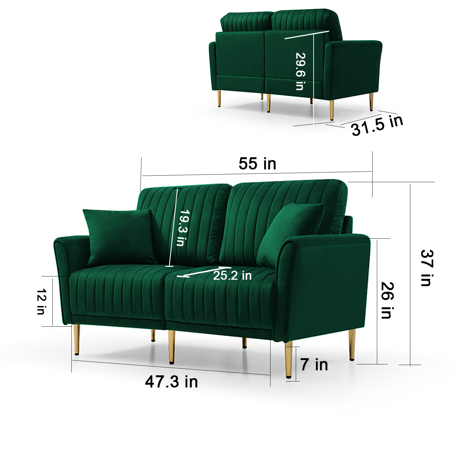 2-Seater Sofa Couch With Channel Tufted on Back and Seat Cushions, Two Throw Pillows, Velvet Green