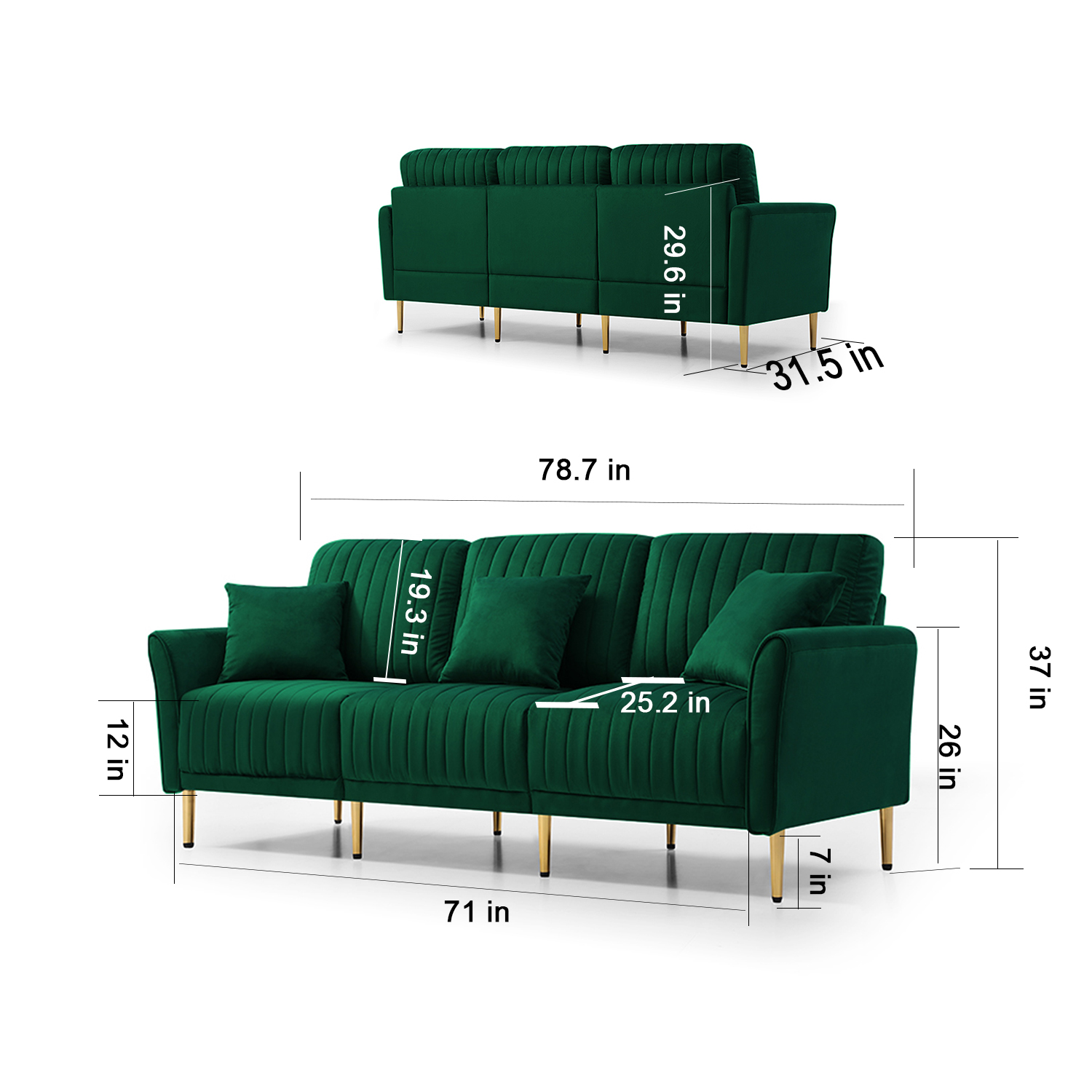 Living Room Furniture Upholstered Couch Sofa with Reversible Cushions for Home or Office 3-Seat Green Velvet