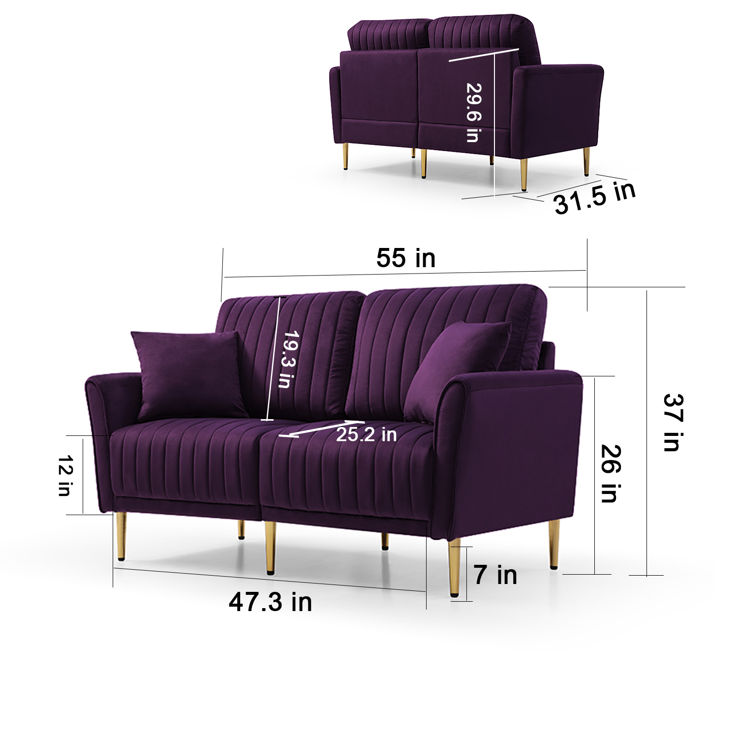 2-Piece Velvet Upholstered Living Room Sofa Set, Including 2 Pieces 2 -Seater Sofa with Channel Tufted and Revsible Pillows, Free Self Fabric Pillow Included, Purple