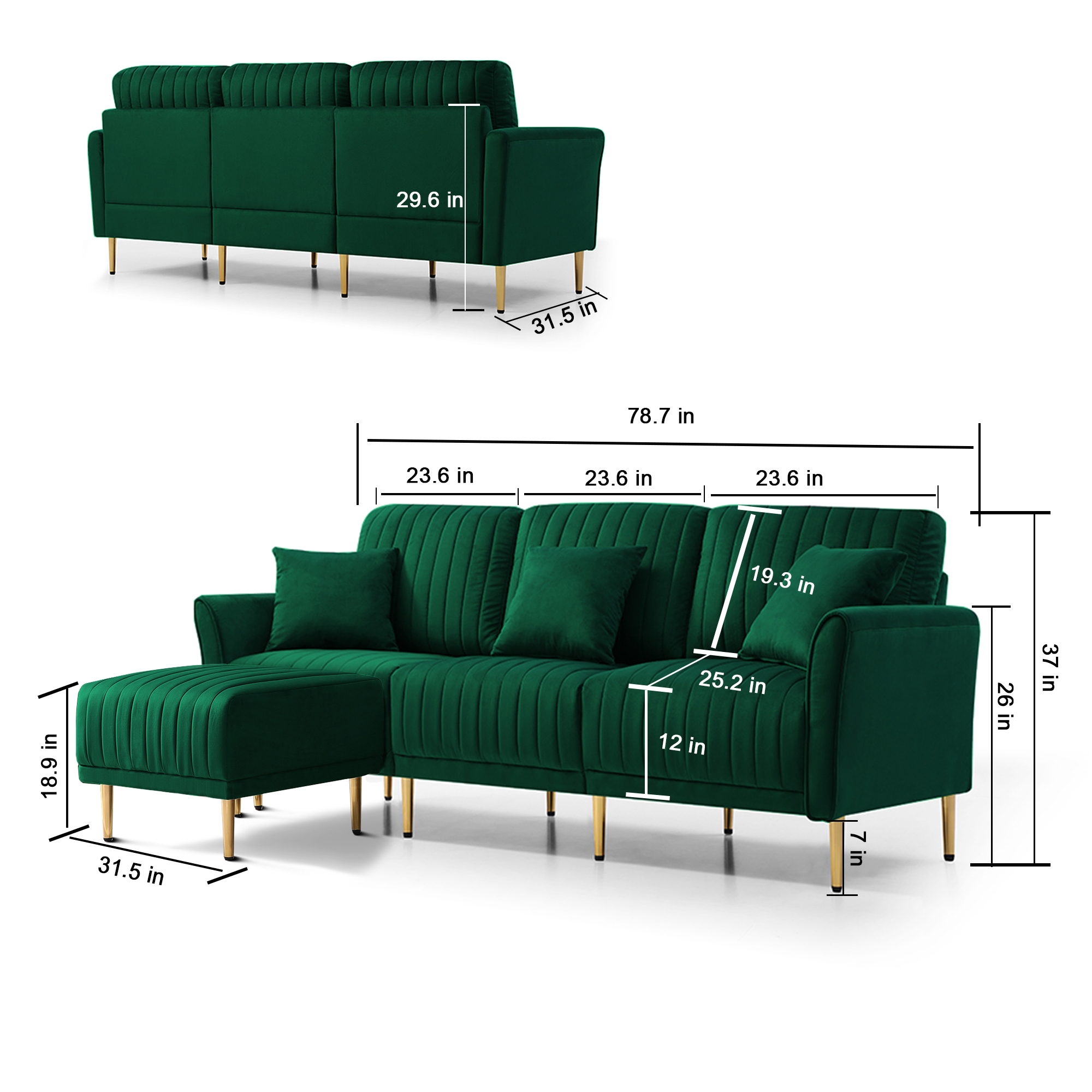 Green Velvet Modular Corner Sofa Reversible Left Hand Facing Sofa & Chaise with Ottoman