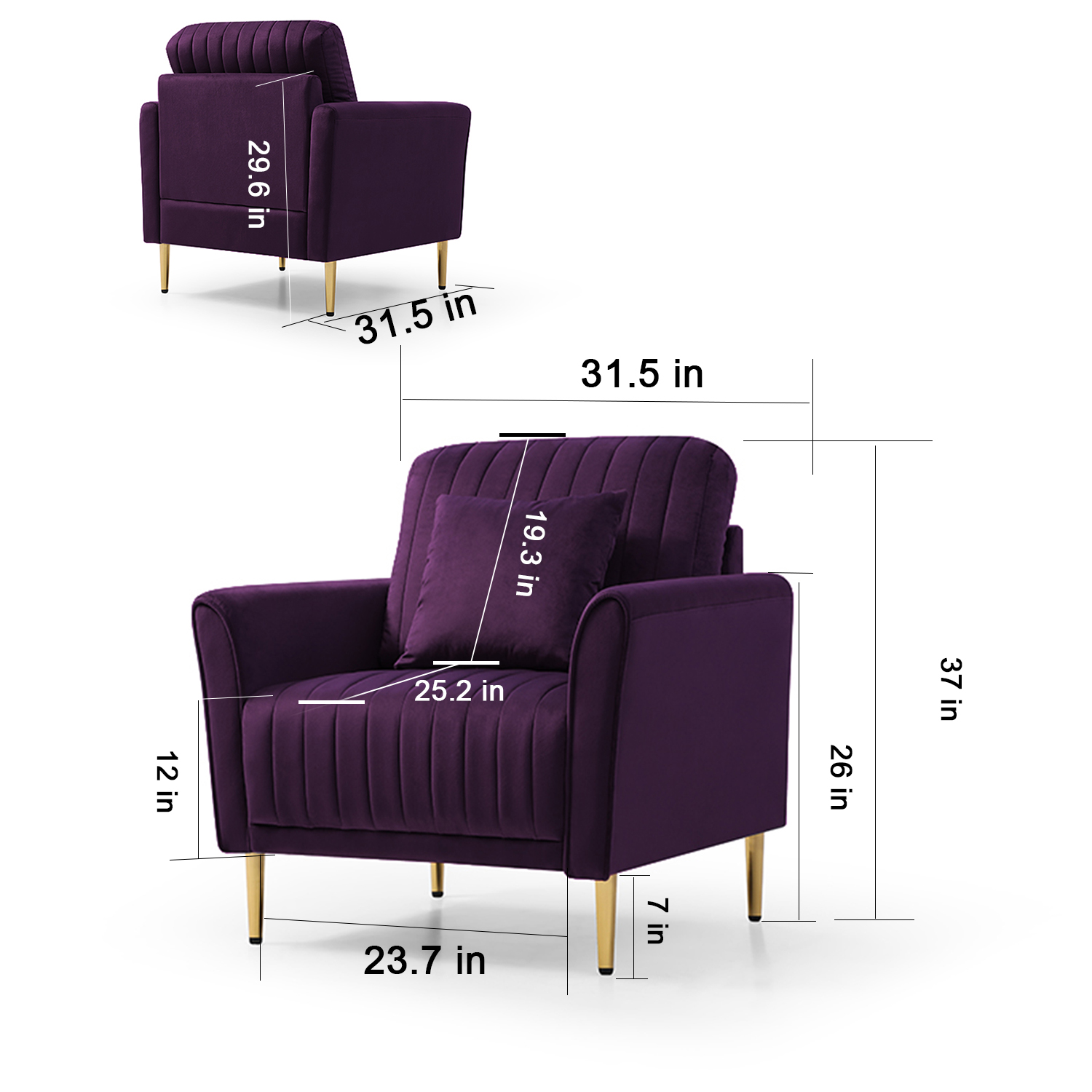 Mid Century Modern Sectional Sofa Set, Couch Sets for Living Room 3 Pieces, 2 Piece Fabric Arm Chair and 1 Piece Loveseat Set For Living Room, Purple Velvet