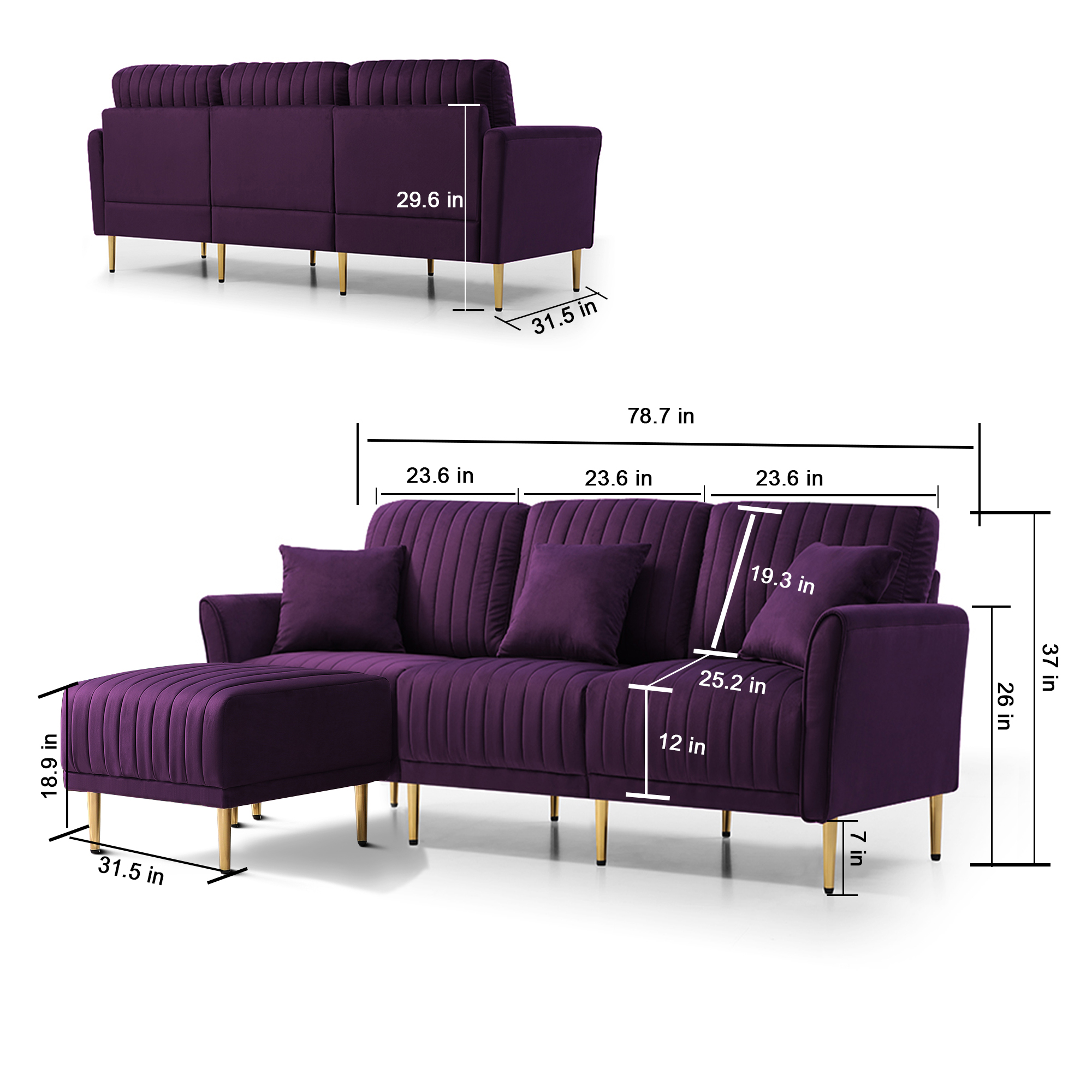 Modern Large Velvet Fabric L-Shape Chaise Lounge Couch Sectional Sofa Eggplant